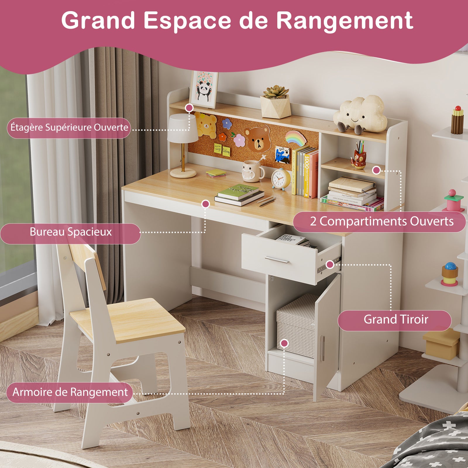 Bureau et Chaise d'Étude pour Enfants 3 Ans+, Table d'Écriture avec Étagères, Tiroir, Armoire de Rangement, pour Chambre, École, Naturel - 4
