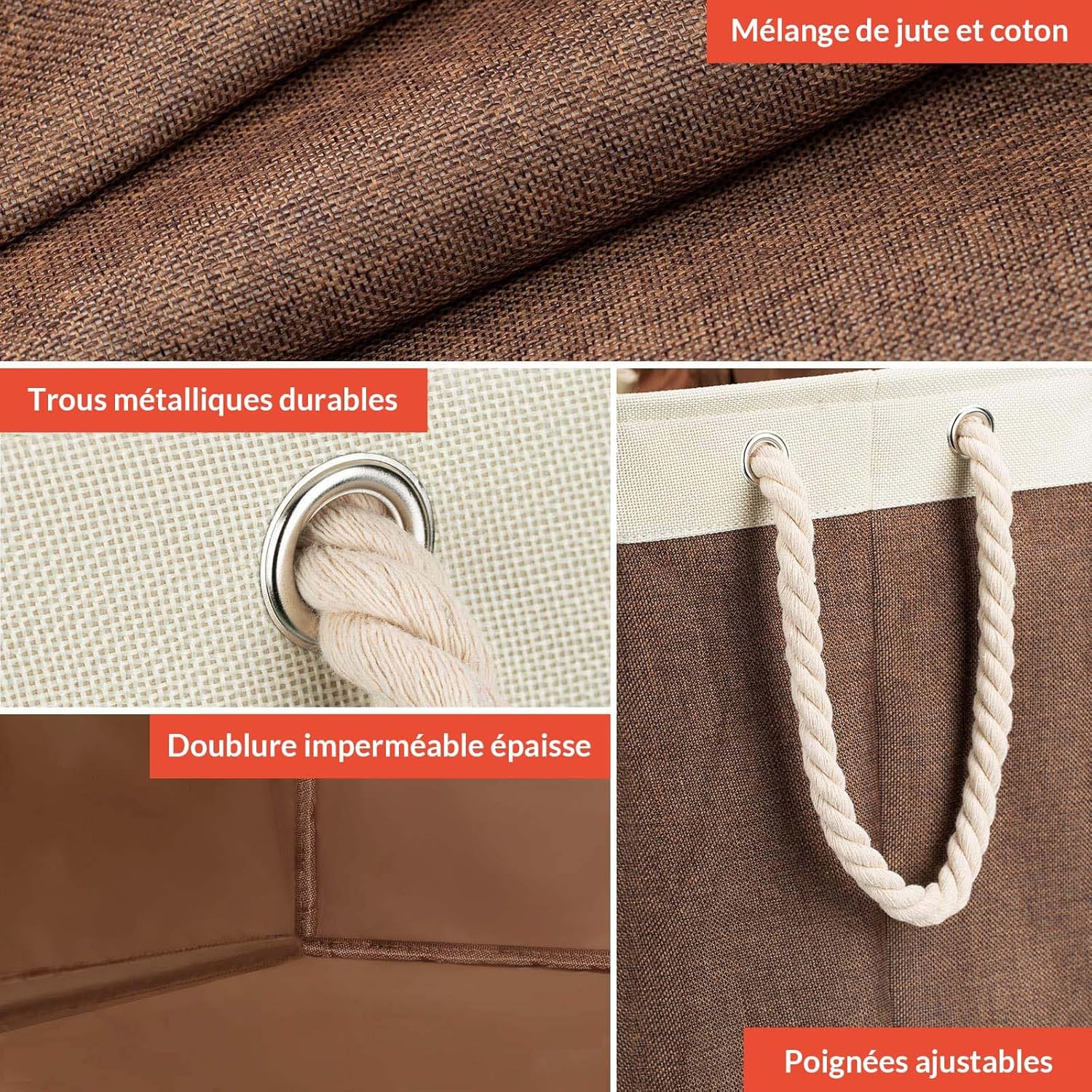 Panier à linge carré imperméable, 41 x 31 x 50 cm, marron - 4