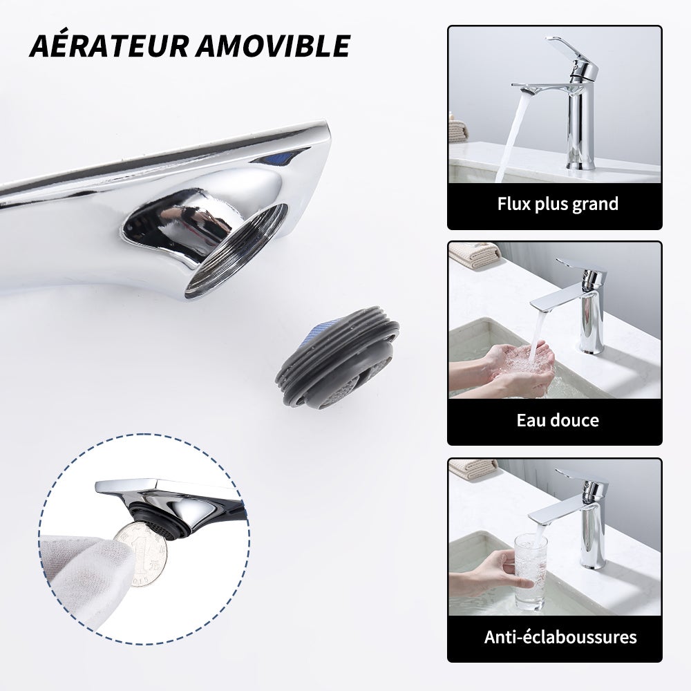 Mitigeur de Lavabo Chromé en Laiton avec Levier Unique, Robinet Salle de Bain Eau Chaude et Froide pour Lave-Mains - 3