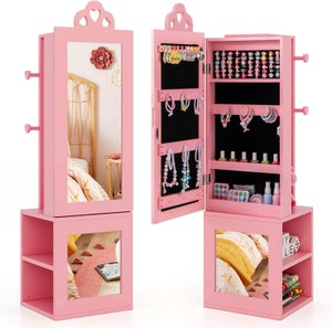 Armoire à Bijoux Avec Miroir Pleine Longueur – Lumières LED, 4 Angles Réglables, 5 Étages, 2 Tiroirs – Brun