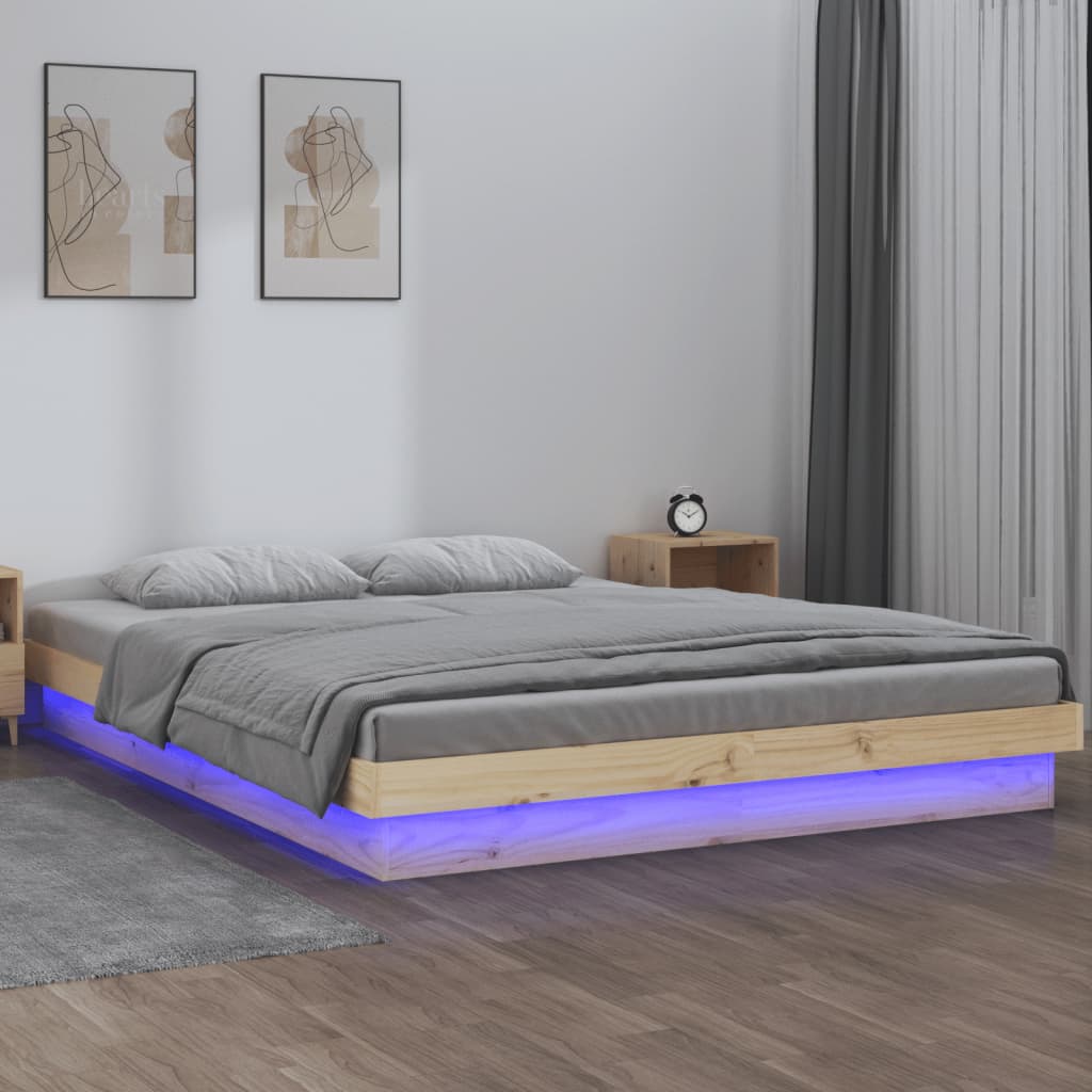Łóżko Drewniane Szare Rama Łóżka Ze Stelażem Drewniana Łóżko Do Sypialni Pokoju z Oświetleniem LED 135x190 cm