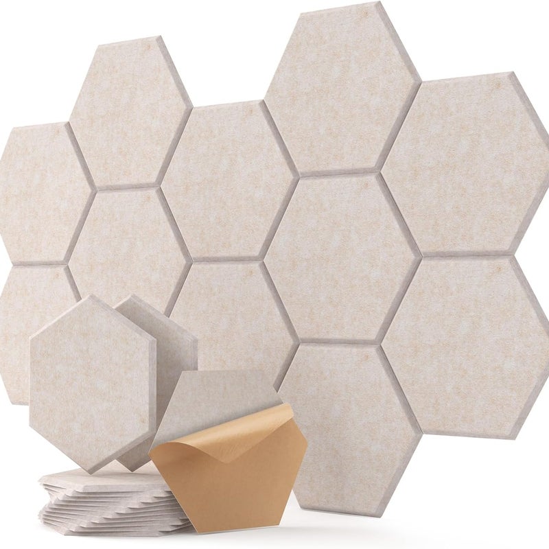 Zestaw 12 samoprzylepnych paneli akustycznych o przekroju sześciokątnym, w kolorze beżowym, 30 × 26 × 1 cm, izolacja akustyczna o wysokiej gęstości do