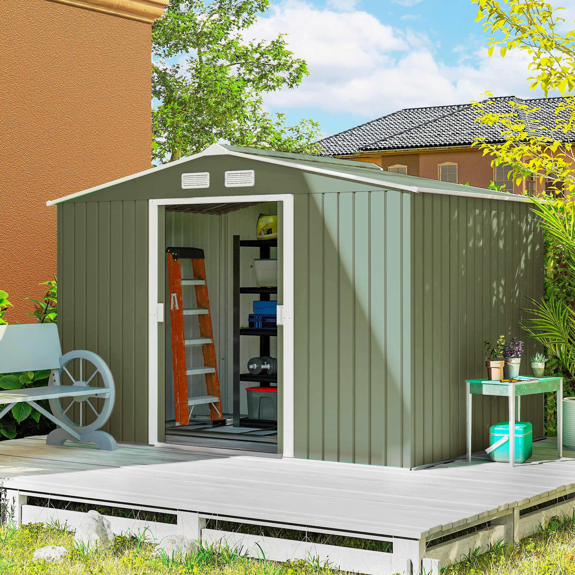 Abri de jardin 4,9 m² 277x195x192 cm avec 2 portes coulissantes Base renforcée (sol NON inclus) vert clair - 3