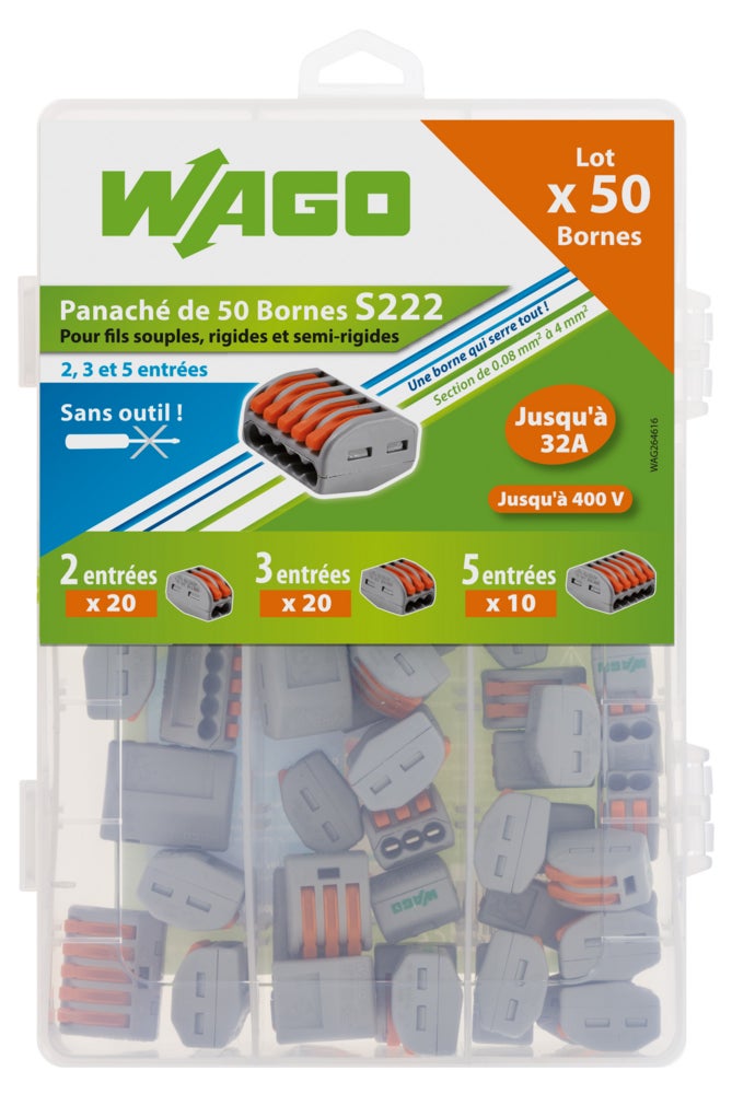 Valisette 50 bornes WAGO, pour fils souples et rigides 0,08-4 mm², sans outil, 32A, avec point de test - 2