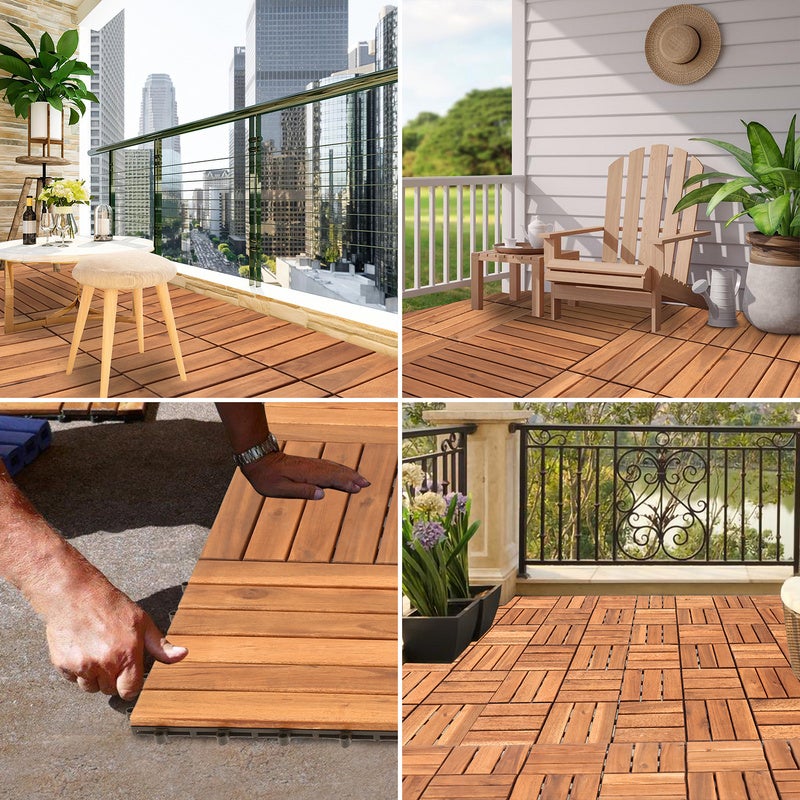 11x Dalles de terrasse en bois d'acacia pour 1m² - 6 lames - système de clips - terrasse/ jardin extérieur - 8