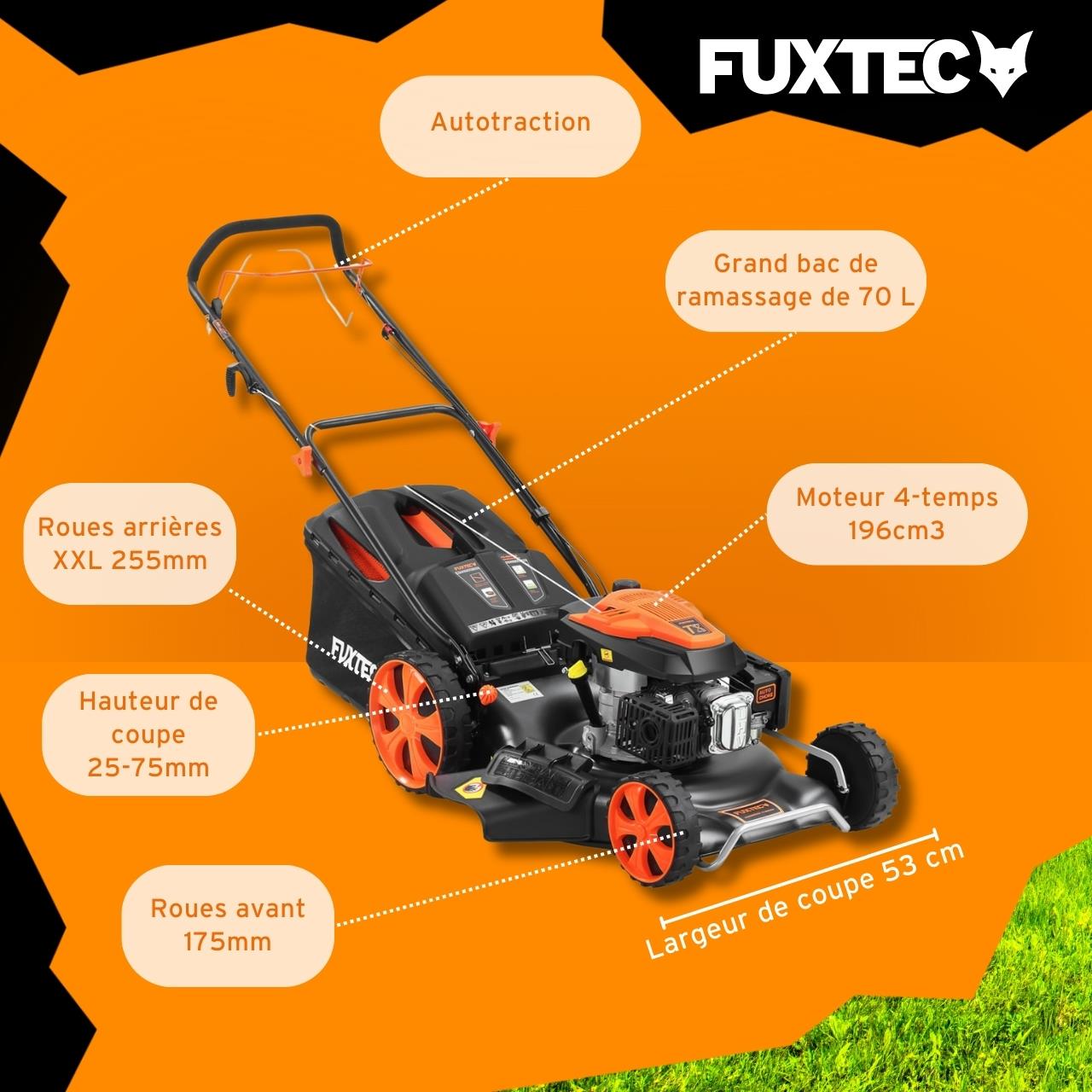 Tondeuse à gazon thermique autotractée FUXTEC FX-RM5396 – 196 cm³ – 53 cm – 6CV – Bac 70L - 6