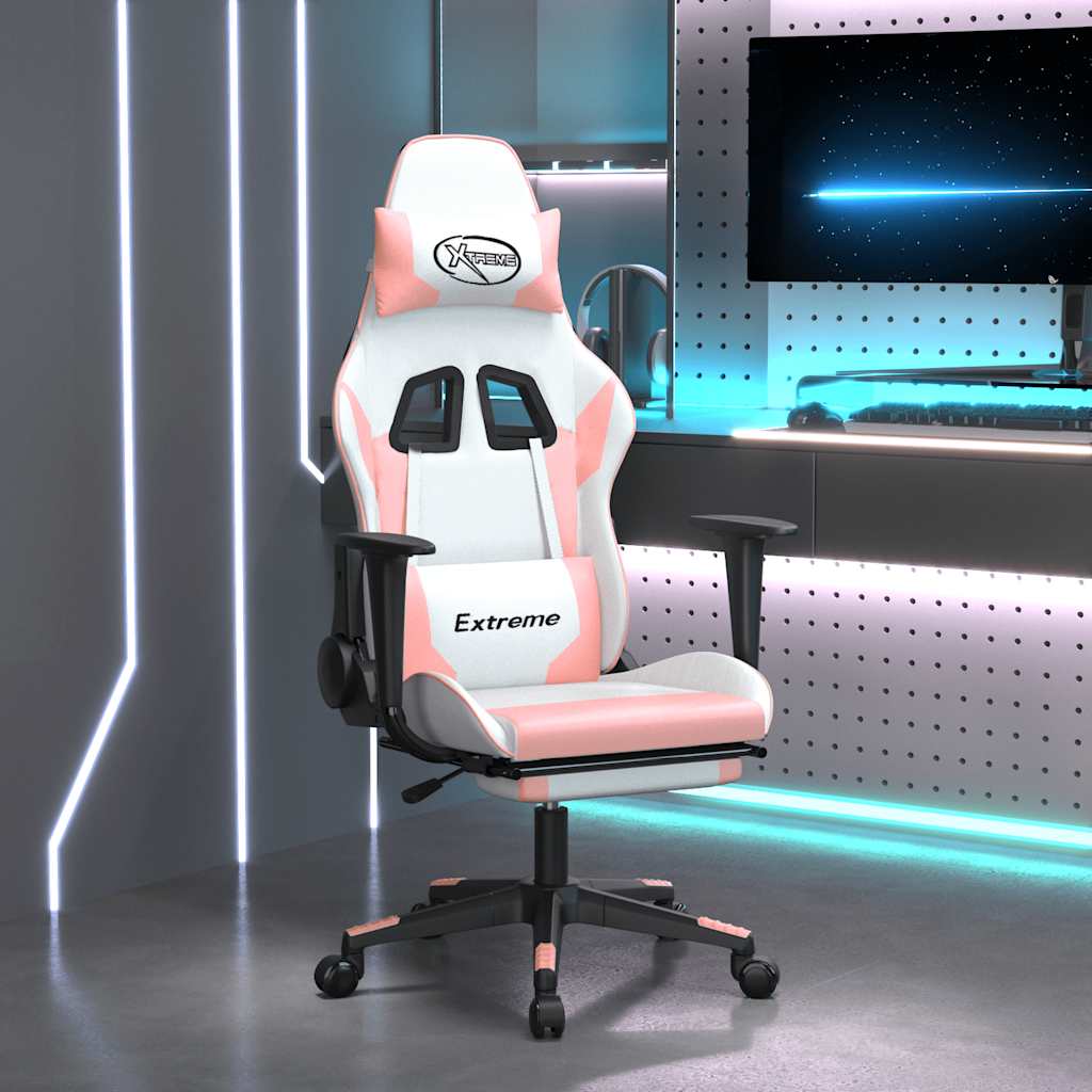 VidaXL Sedia Gaming Con Massaggio E Poggiapiedi – Bianco E Rosa, Similpelle, Girevole 360°, Regolabile, Alimentazione USB - 3