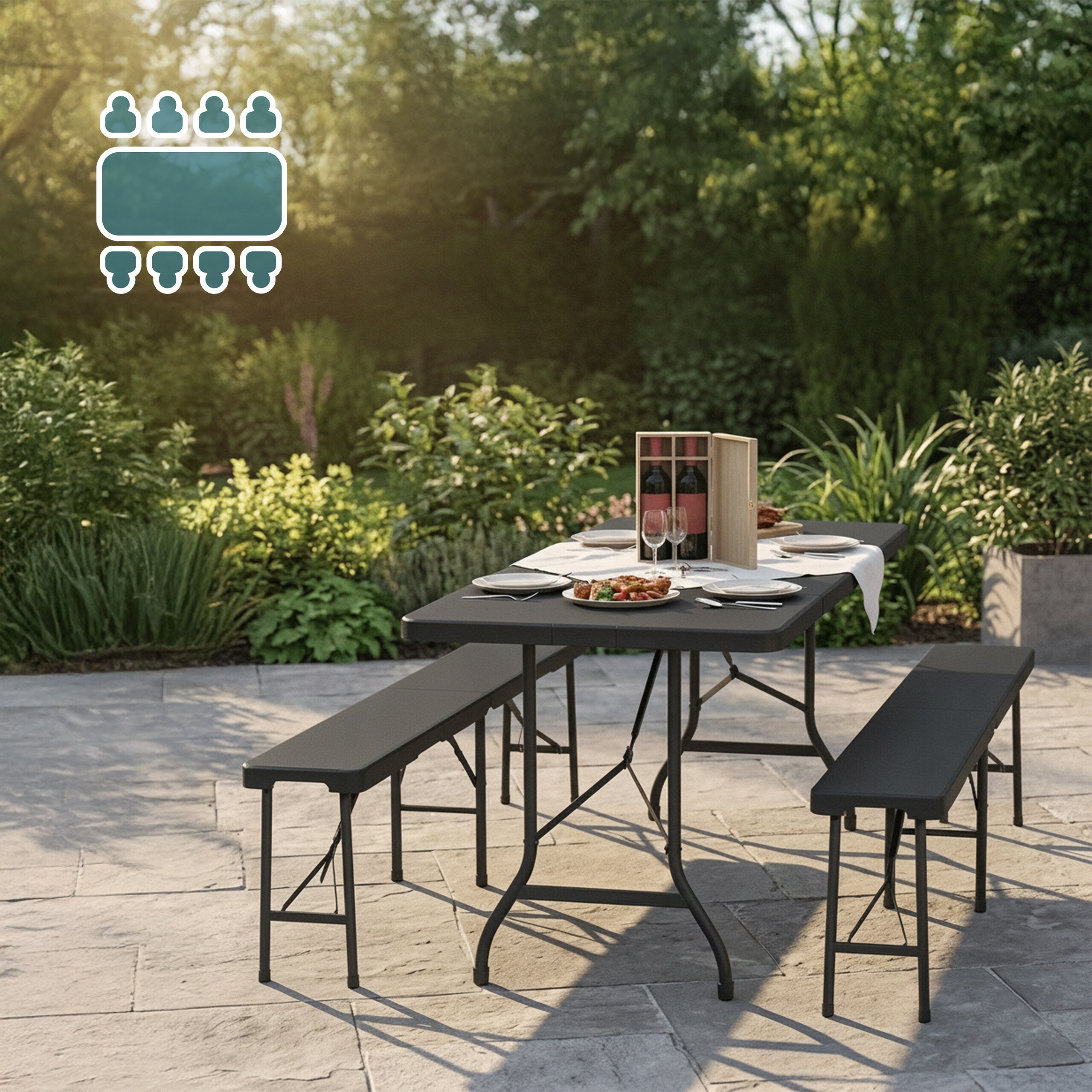 Conjunto de cervejaria dobrável, 3 peças, mesa de 180 cm e 2 bancos em PE e aço para jardim, preto, Relaxdays - 2