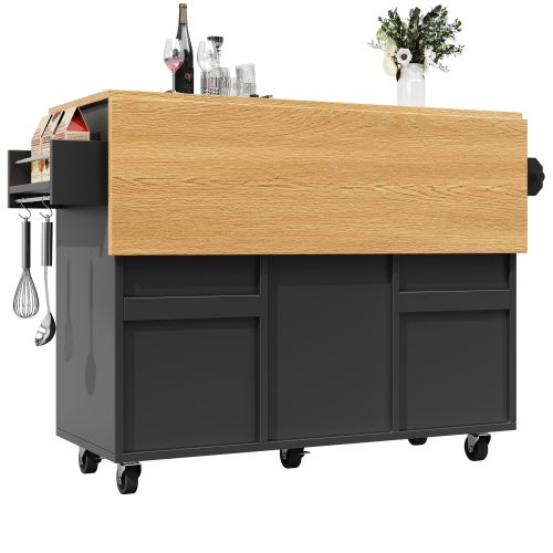 Îlot De Cuisine Mobile Pliable - Chariot Multifonctionnel Avec Rangement, Grain De Bois - 147x70x93 Cm Déplié