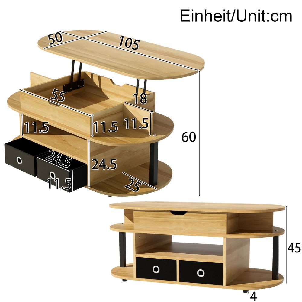 Table Basse Moderne Veines de Bois : avec Fonction Relevable, Espace de Rangement & Tiroirs en Tissu Noir, Polyvalente pour Salon & Bureau - 4