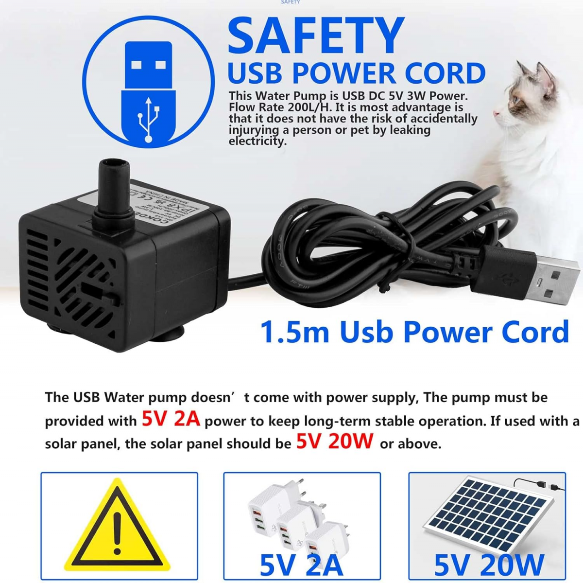 Mini bomba de água submersível USB (DC 5 V 1-3 W 200 L/H) ajustável, ultra silenciosa, pequena bomba de água para animais de estimação, aquário, lago - 3