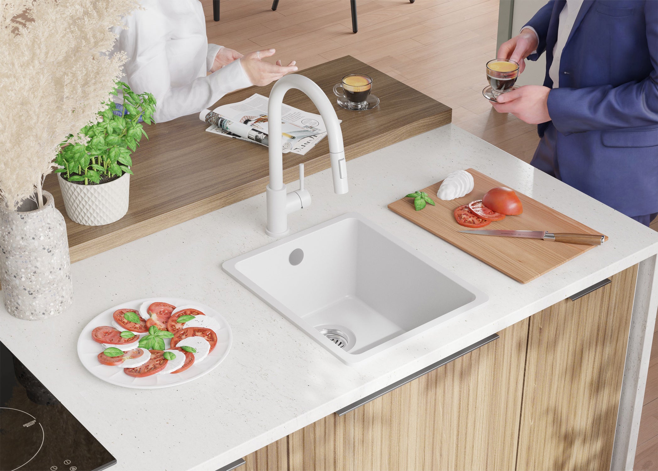 Lavello da Cucina Bianco 36x44cm, Lavandino in Granito a 1 vasca + Sifone Classico + Accessori, Lavabo da Cucina Incasso al mobile 40cm PRIMAGRAN - 4