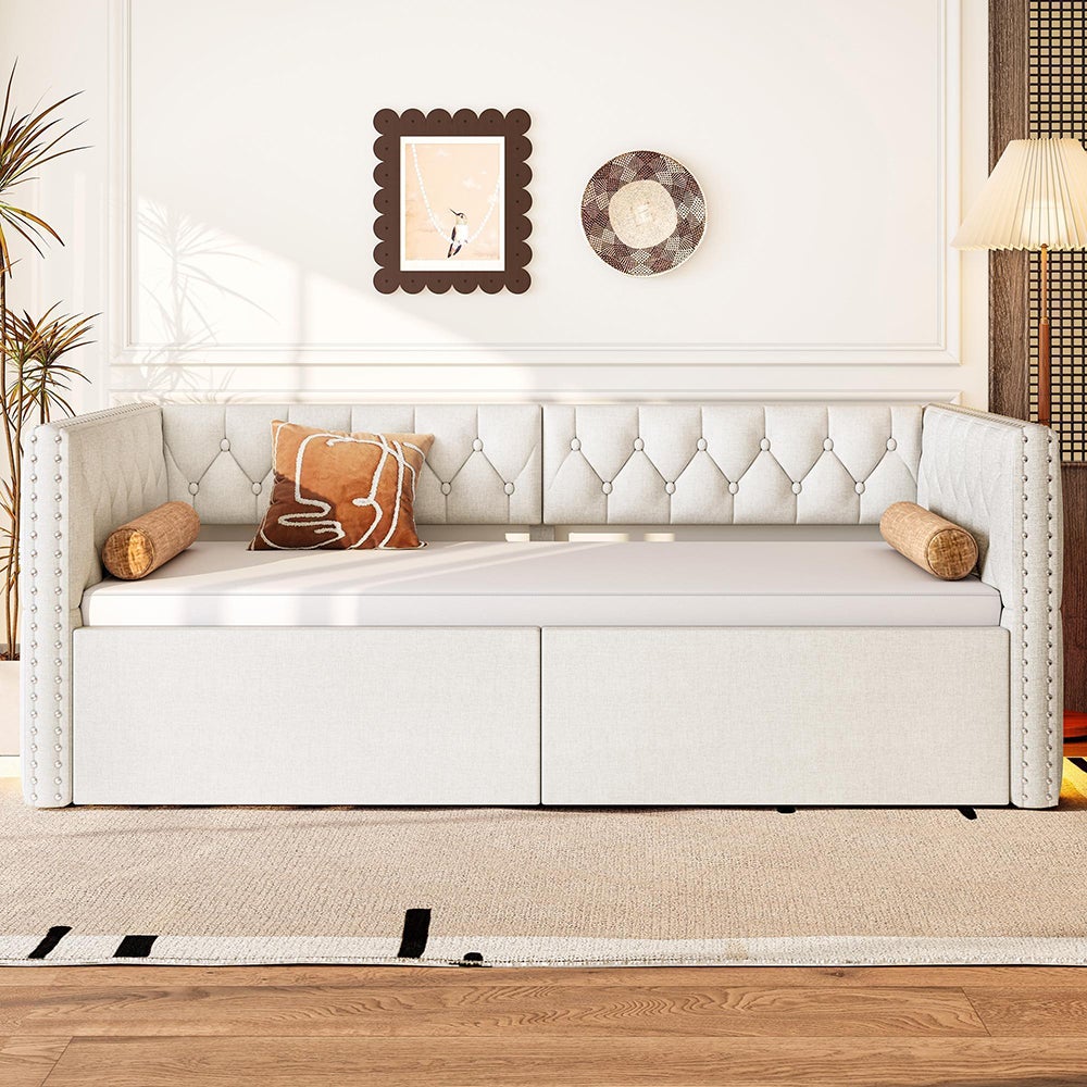 Rozkładana sofa 90 x 200 cm, z poduszką i oświetleniem LED, wymiary łóżka dziennego od 90 x 200 do 180 x 200, beżowa