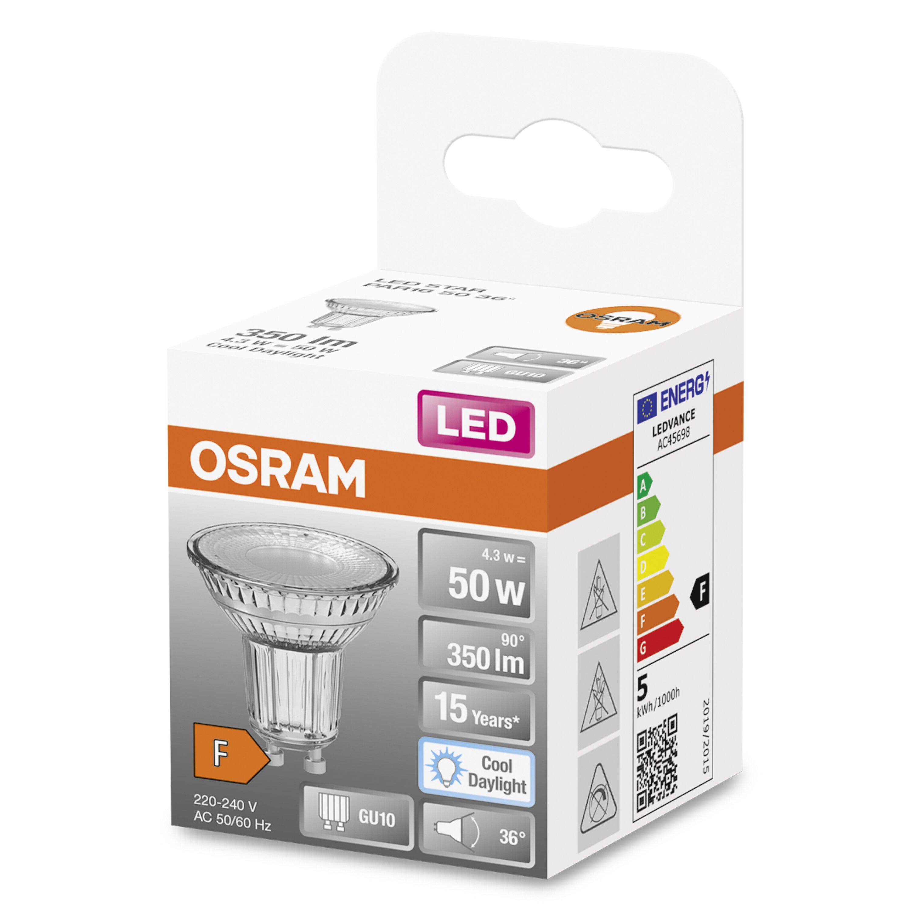 OSRAM LED Star PAR16 Ampoule réflecteur 50 LED avec angle de faisceau de 36 degrés, culot GU10, blanc lumière du jour (6500K), en remplacement des - 2