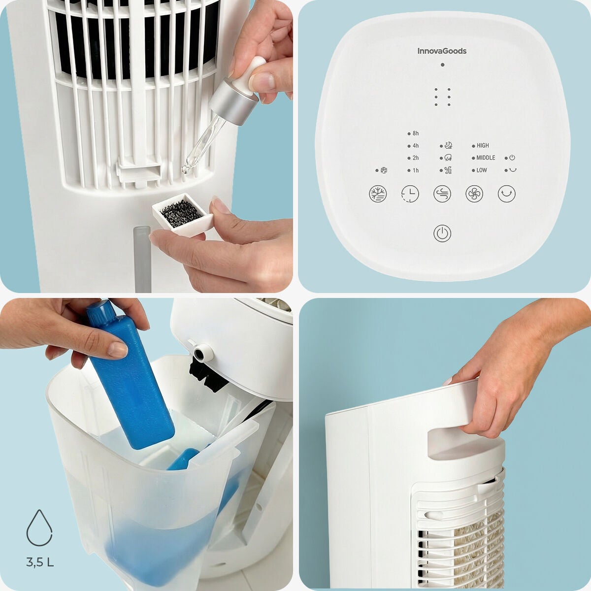 Climatiseur évaporatif tour, silencieux, télécommande, 3 vitesses, minuterie et oscillation InnovaGoods - 6