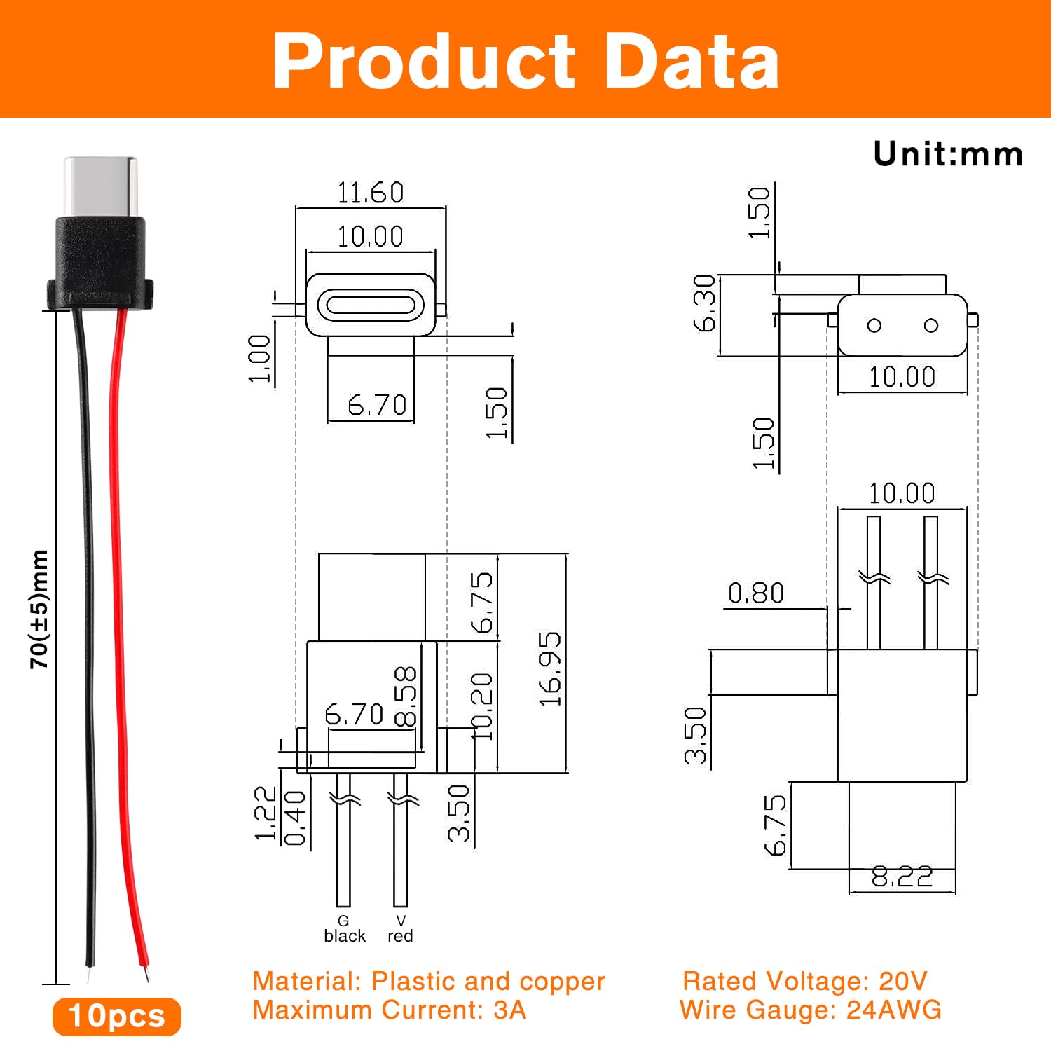 Kit 10 Connettori USB Type-C Maschio/Femmina Con Cavo 22AWG 12V 3A Per Riparazioni Fai-da-te (25cm, Nero)