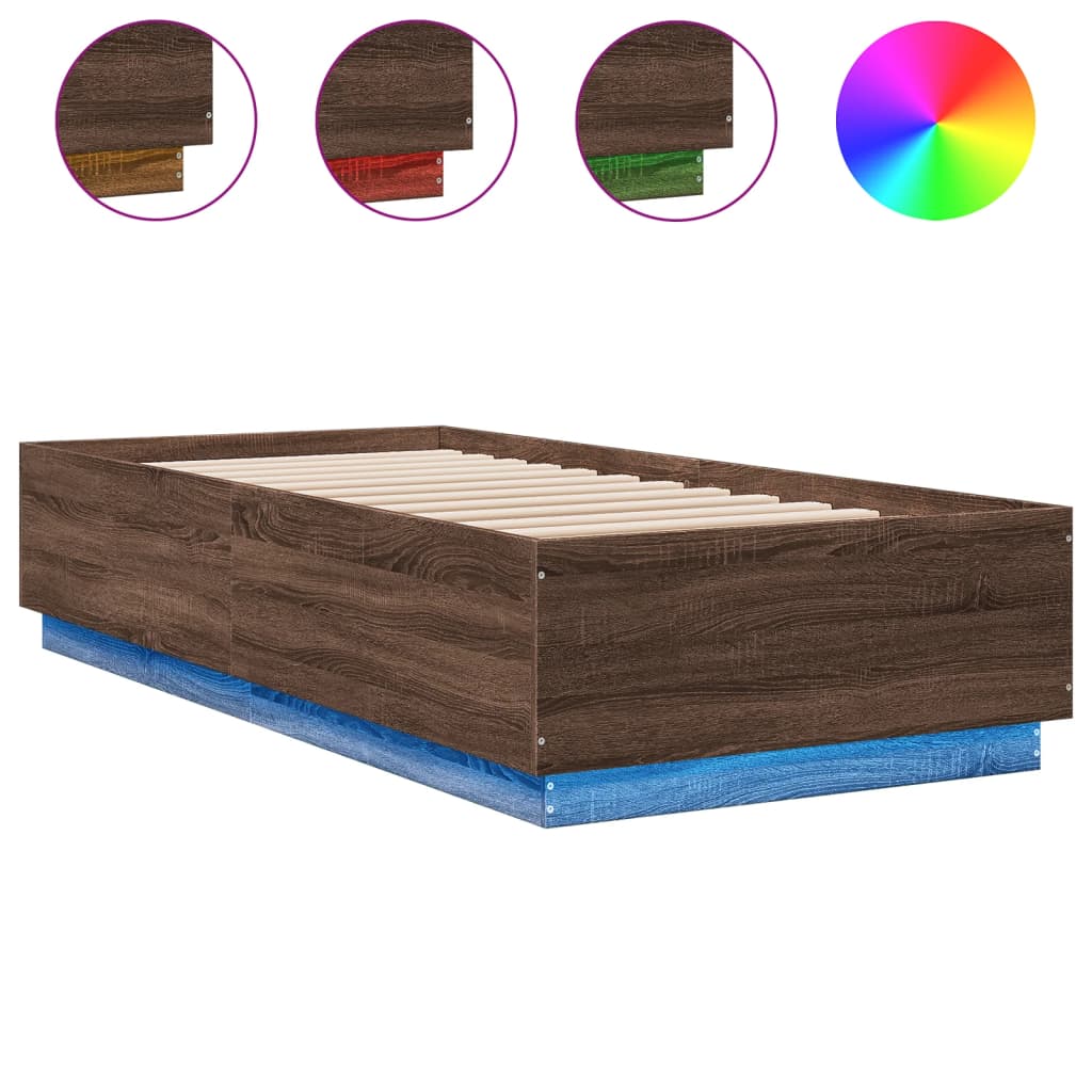 Łóżko Brązowe Rama Łóżka Ze Stelażem Łóżko Do Sypialni Pokoju LED 90x200 cm