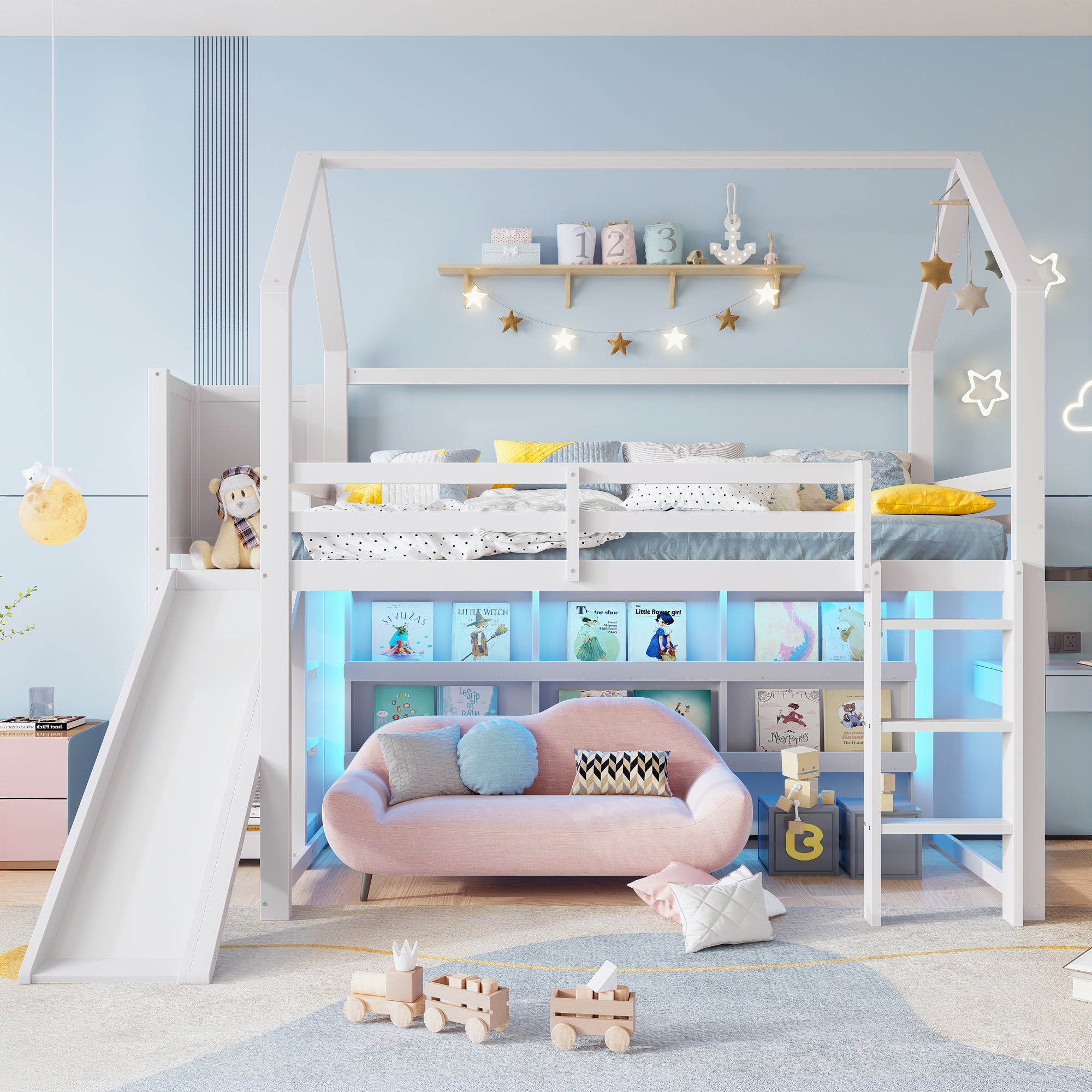 Lit Mezzanine Enfant 90x200 Cm Avec LED Et Bureau - Pin Et MDF, Rangement, Échelle, Naturel