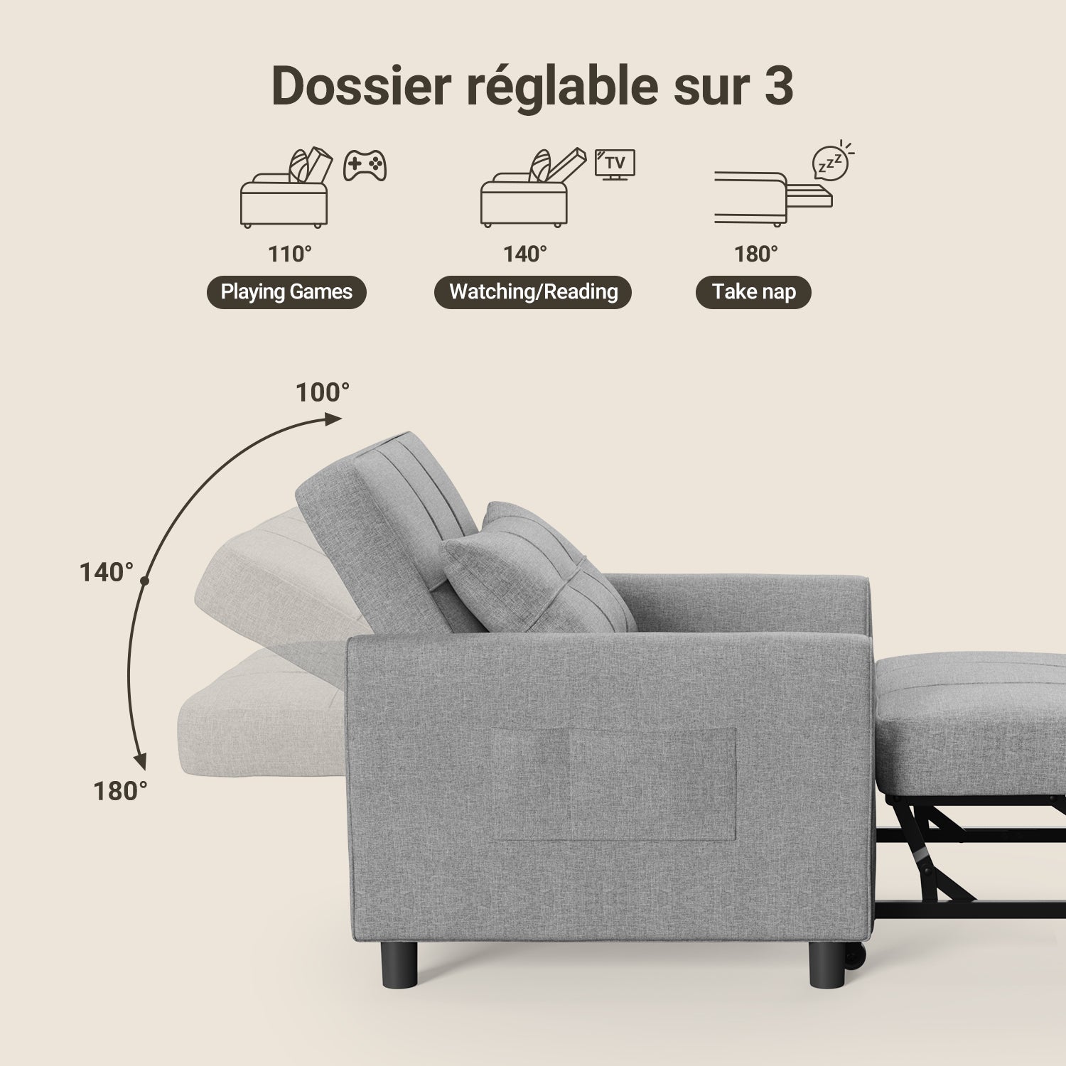 Fauteuil Convertible Fauteuil Lit Canapé 1 Place Chaise Longue Coussin Réglable Rangement Roues Pliante Bealife - 6