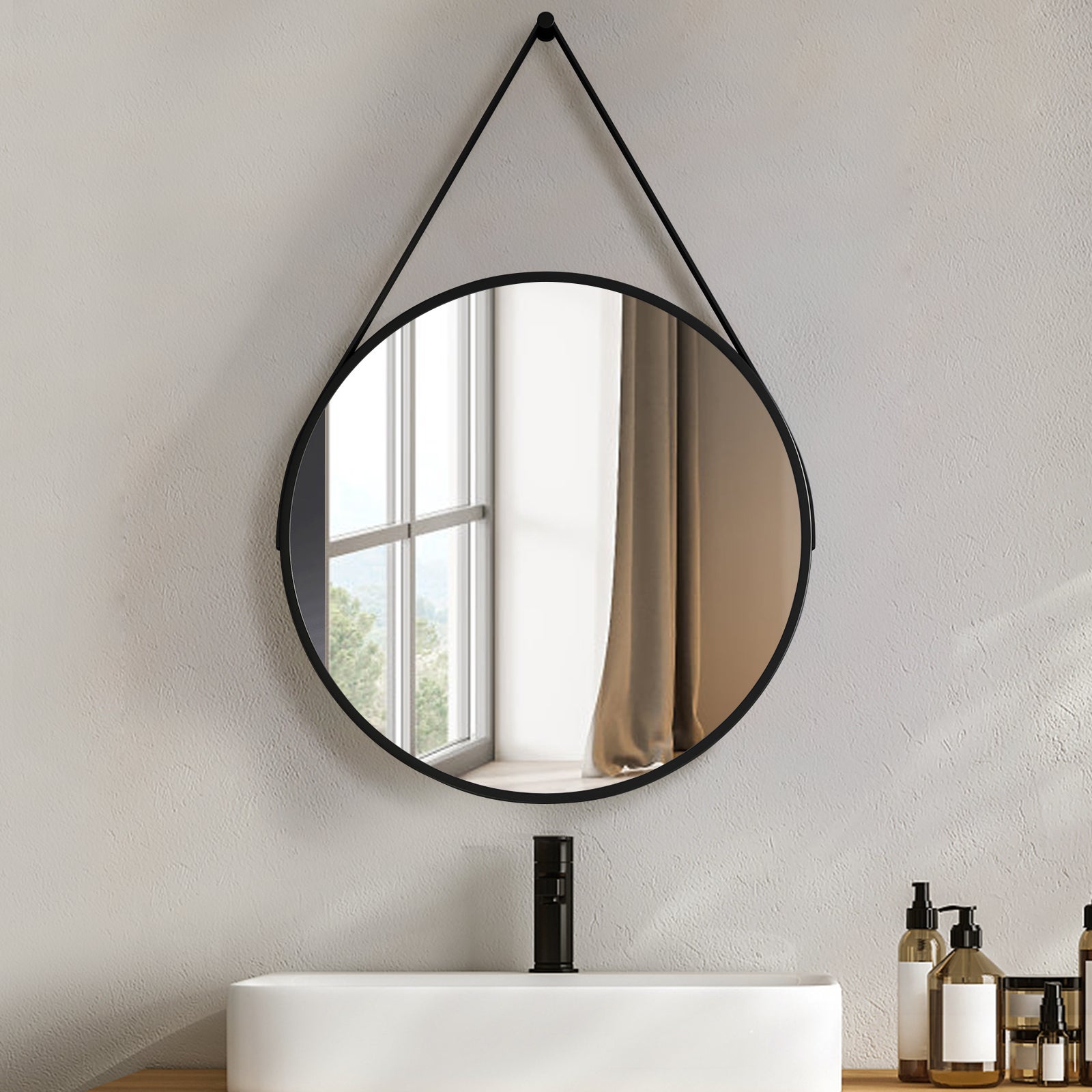 HOMCOM Miroir Rond Salle De Bain 70 Cm - Cadre Métal Noir, Installation Facile, Verre Sécurisé