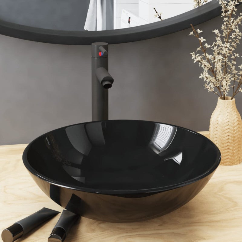 Umywalka łazienkowa z kranem i korkiem, czarna, szkło hartowane vidaXL