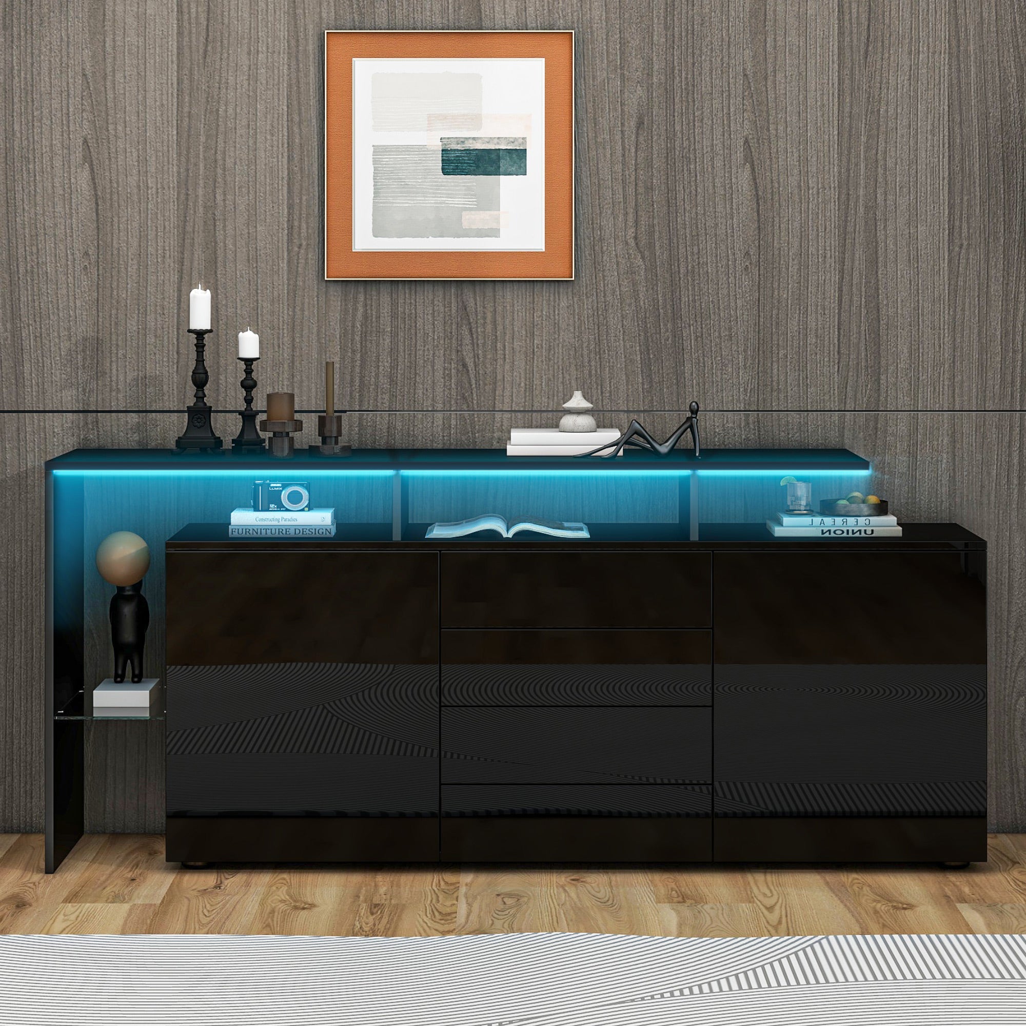 Buffet 160x35x70cm - z oświetleniem LED - 4 szuflady i 2 fronty - Błyszczące wykończenie - Płyty wiórowe - Czarny - 2