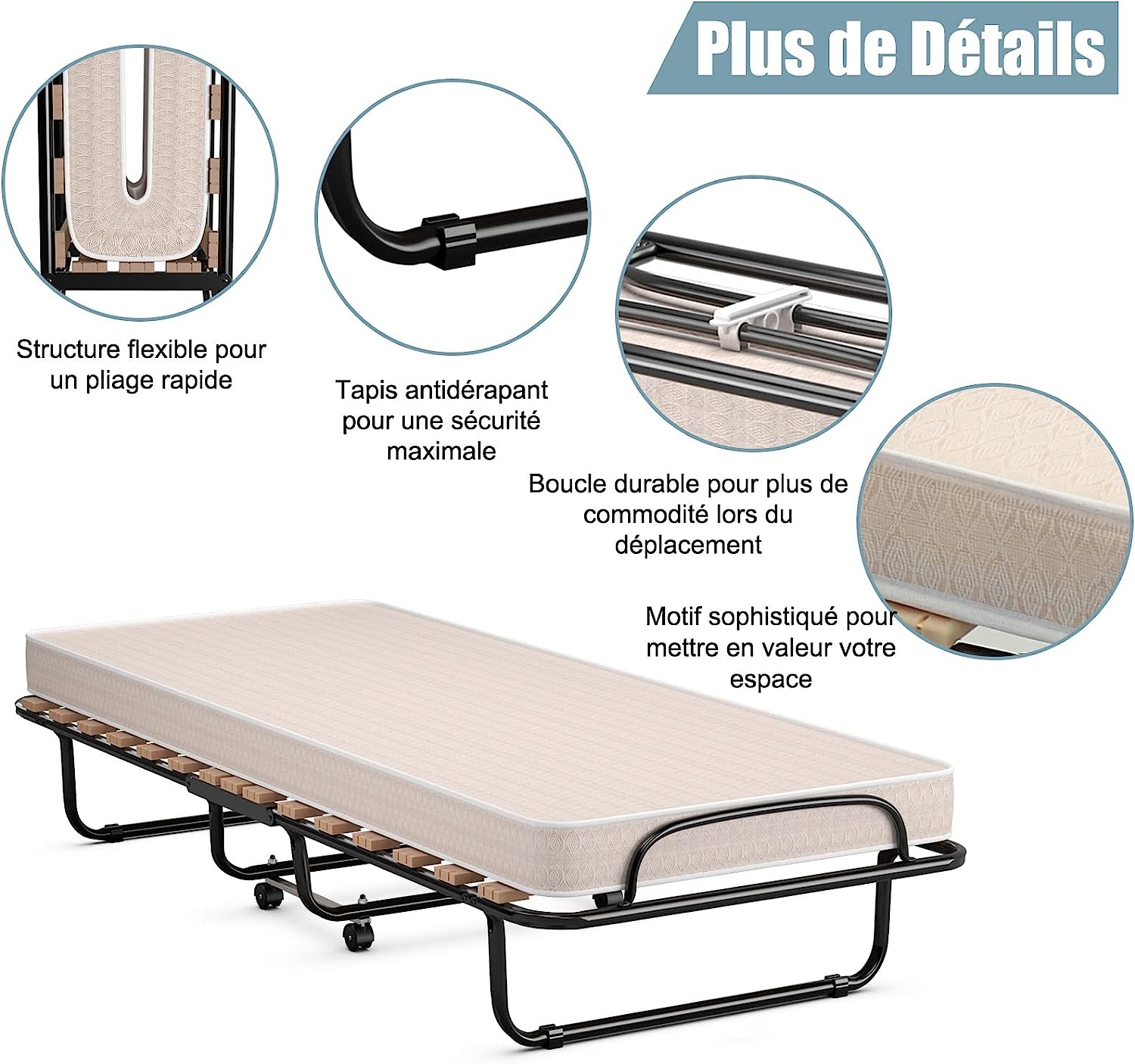 Łóżko dla gości 80 x 190 cm z materacem z pianki memory, składane łóżko pojedyncze, stabilne metalowe łóżko do 130 kg, na kółkach, do biura(beżowe) - 5