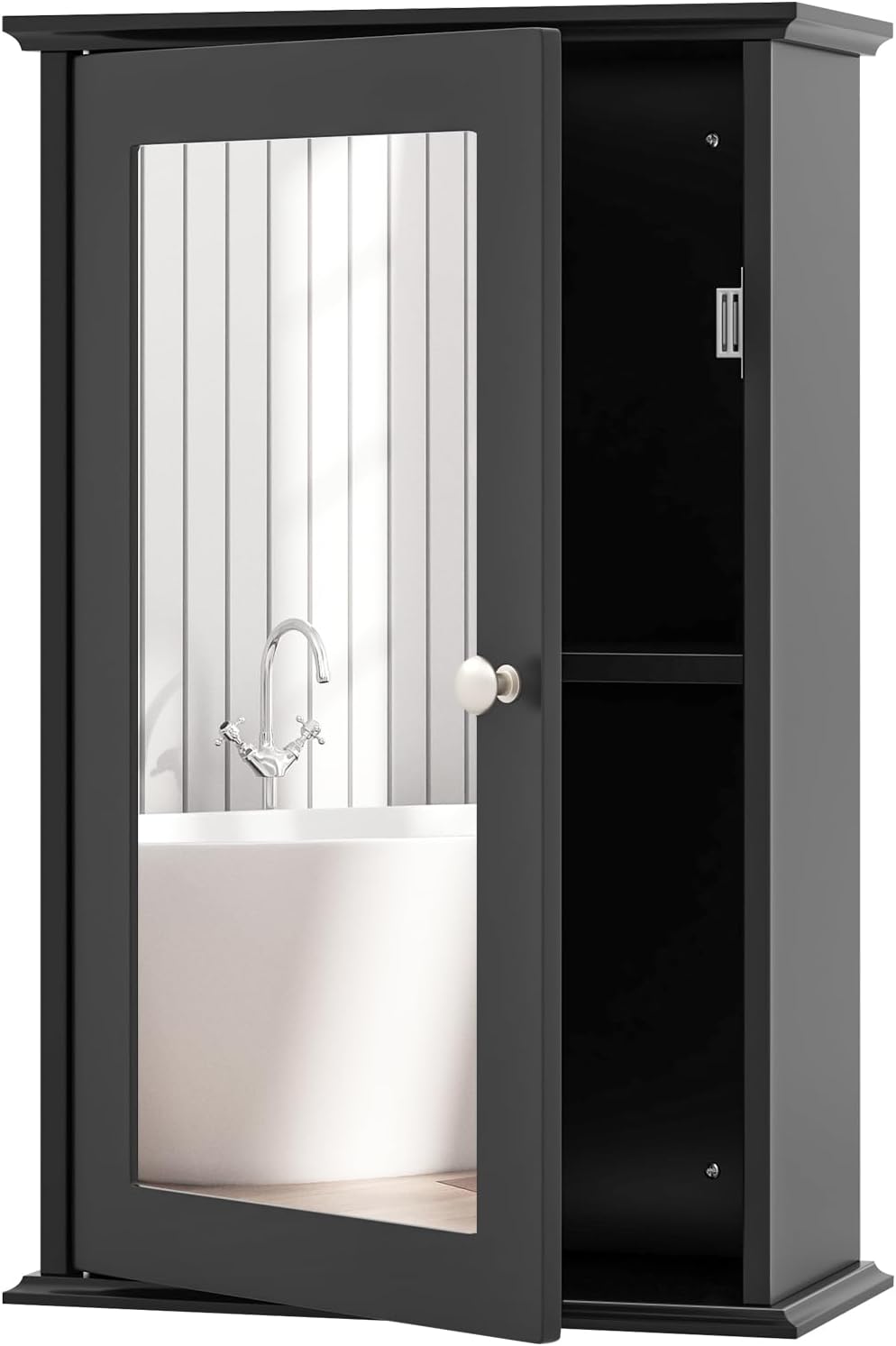 Szafka Łazienkowa na Ścienna z Lustrem, Wisząca Szafka pod Umywalkę 34 x 15 x 53 cm z 1 Regulowaną Półką i 1 Drzwiami, Kuchnia, Przedpokój (Czarna)