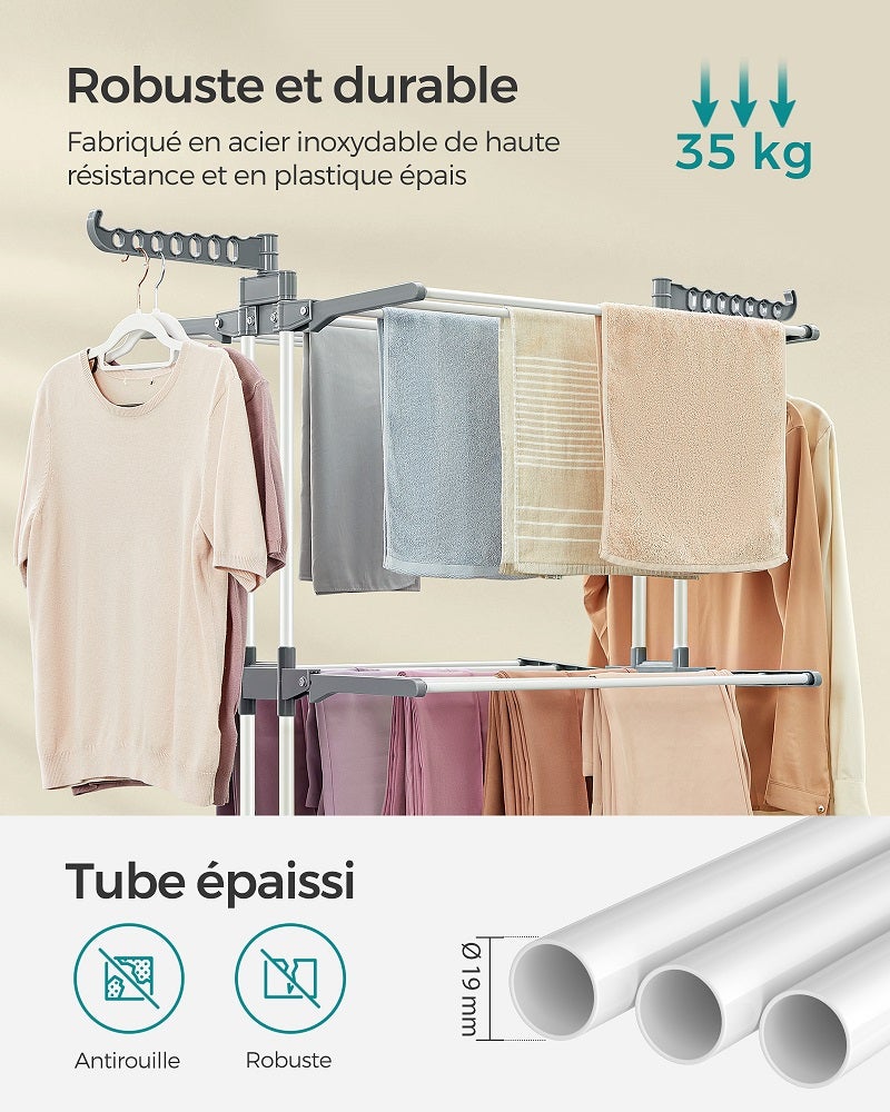 SONGMICS Étendoir à Linge, Séchoir Mobile à 4 Niveaux, avec roulettes, Pliable, 64 x 126 x 172 cm, Utilisation Intérieure et Extérieure, Blanc - 5