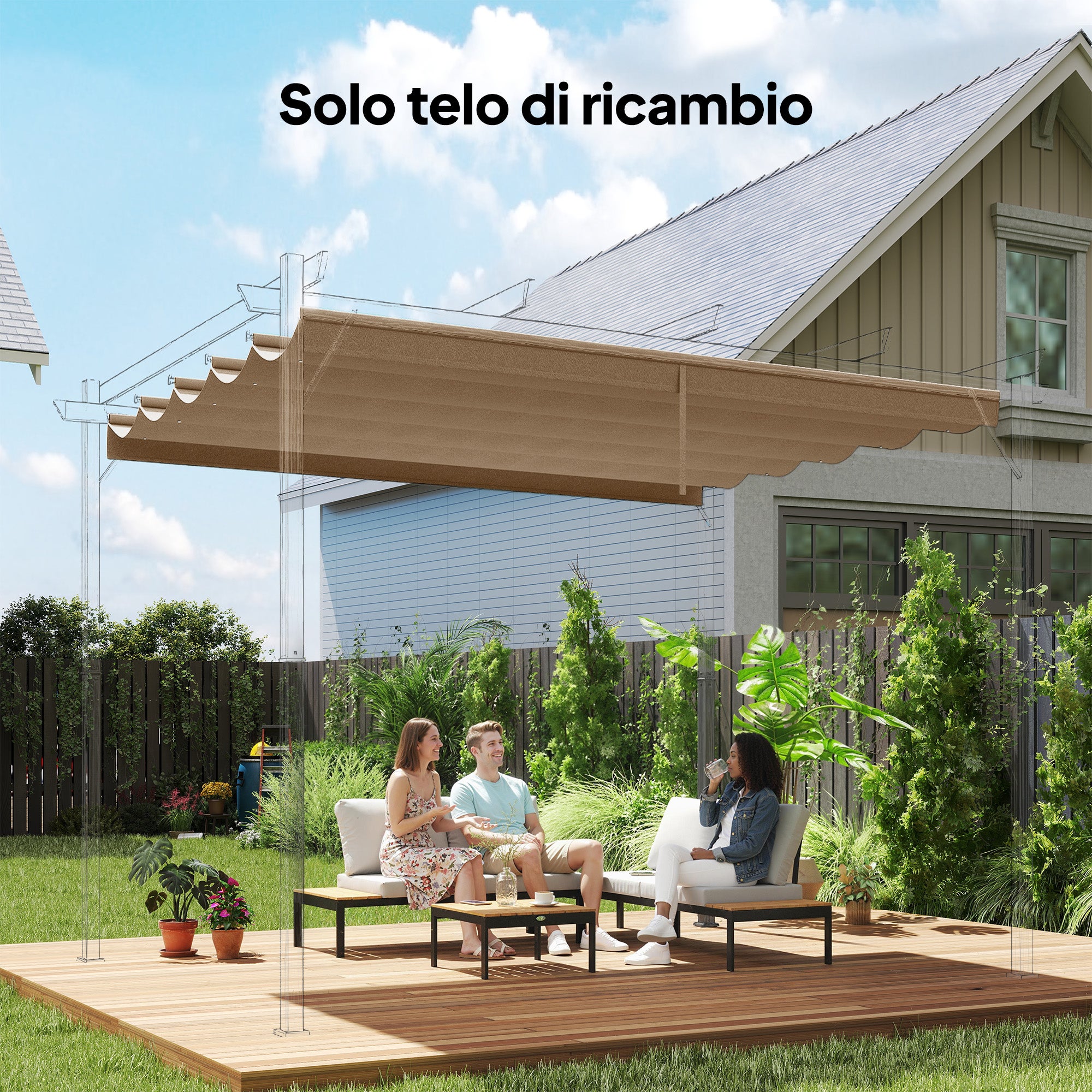 Techo de pérgola con 10 orificios de drenaje, poliéster 250x255 cm para 3x3 m, marrón claro - 3