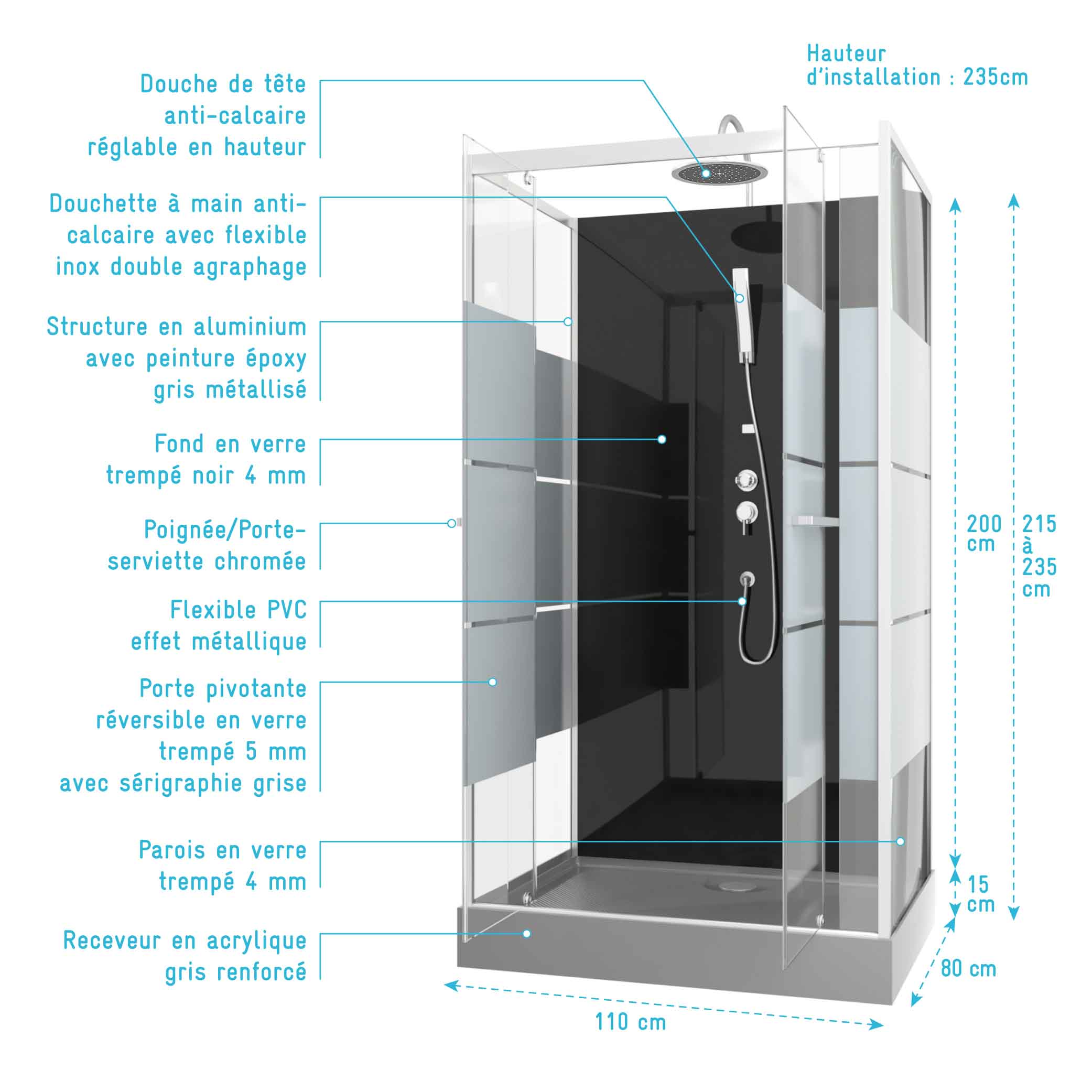 Cabina doccia rettangolare 110x80x225 cm - Scratchy 110 - 4