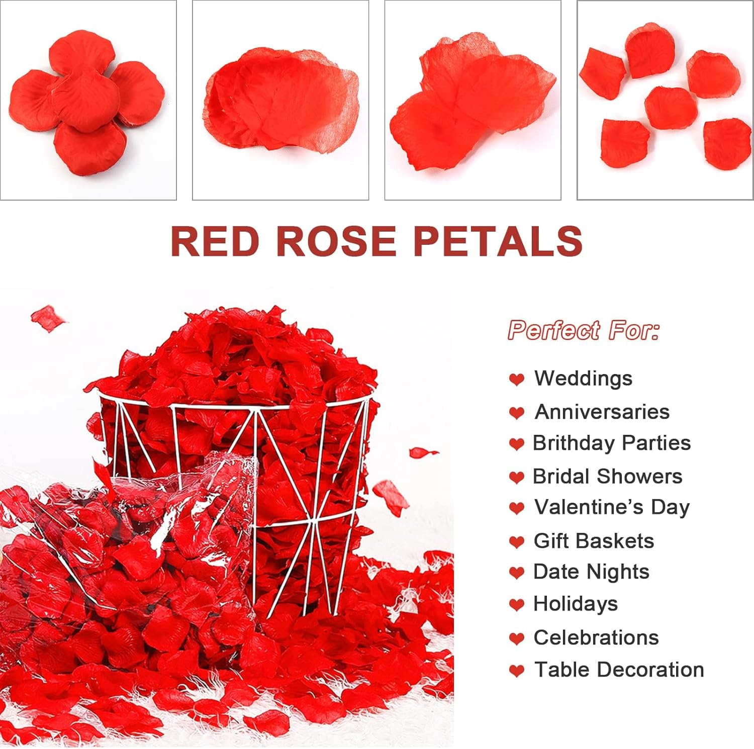 1200 Pièces Pétales de Rose Artificiels, Pétales de Rose Rouge, Décoration de Mariage, Saint Valentin, Fête, Anniversaire-Pétales de Fleur Eternelle - 4