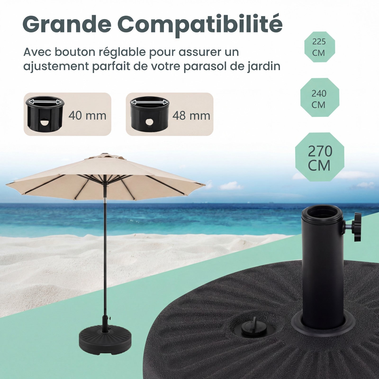 Base pour Parasol Rond 51 cm, Diamètre du Mât jusqu'à 38, 48 mm, Support pour Parasol Remplissable d'Eau et Sable avec 2 Raccords, Porte-mât en Métal - 5