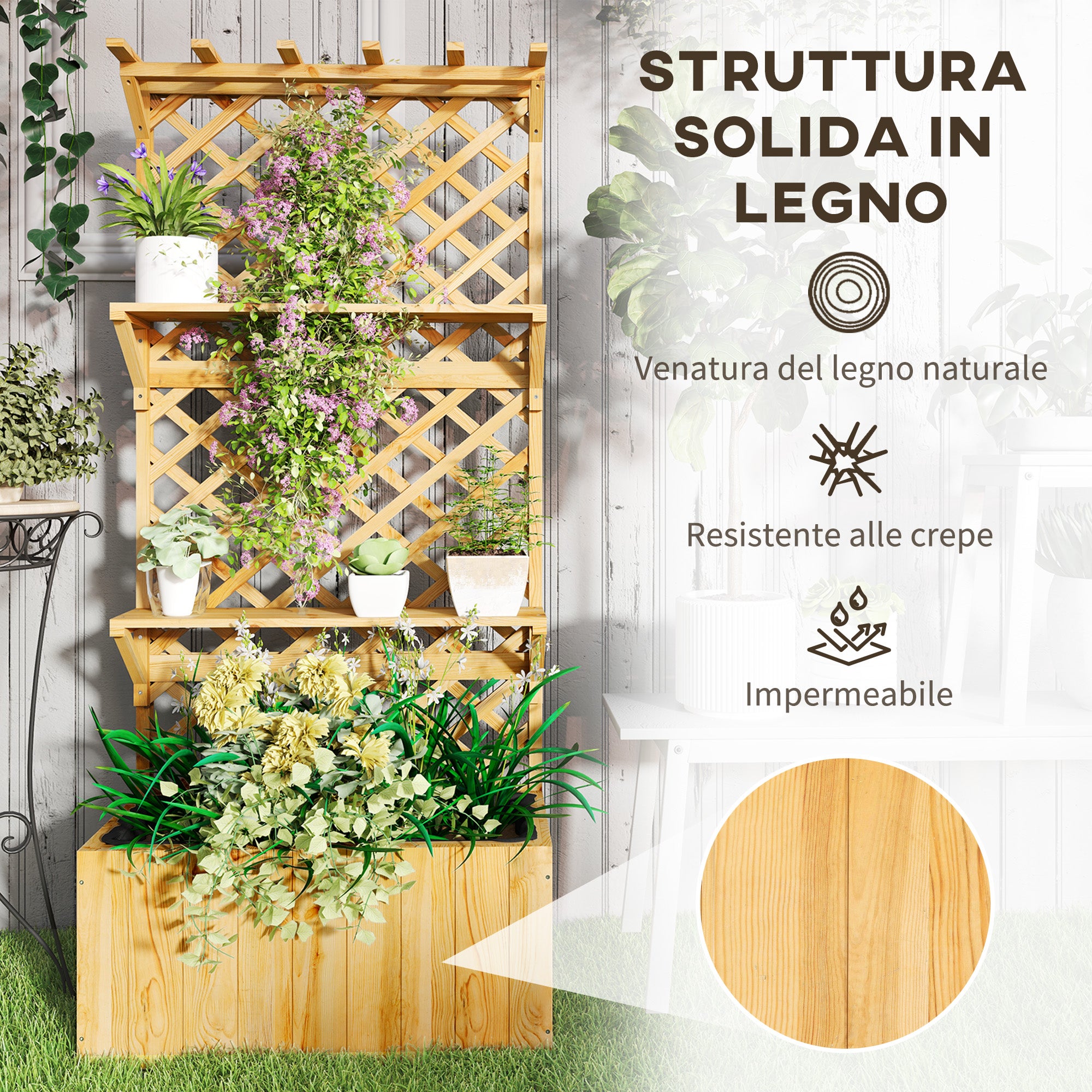 Outsunny Fioriera con Traliccio per Rampicanti, Fori di Drenaggio e 2 Mensole, in Legno di Abete, 76x33x177 cm - 7