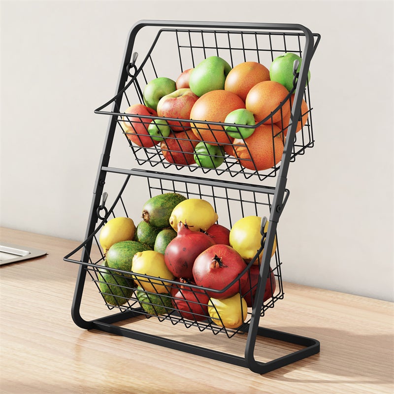 Apsan Panier à Fruits à 2 Niveaux, Panier à Fruits Et Légumes Pour Comptoir De Cuisine, Support De Rangement Amovible En Fil Métallique Pour Pain, Collation, Légumes, Noir
