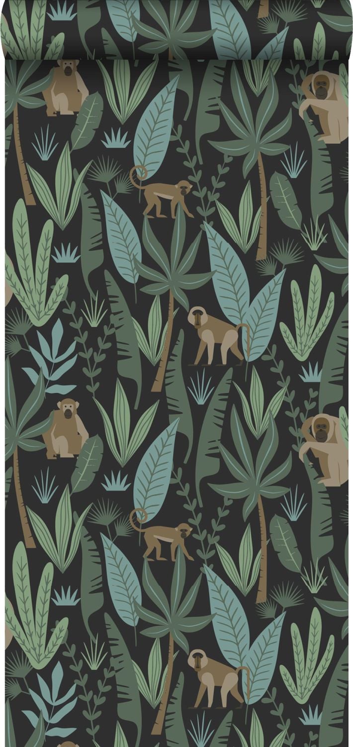 Papel pintado monos negro, verde oscuro y menta verde - 0,53 x 10,05 m - estahome