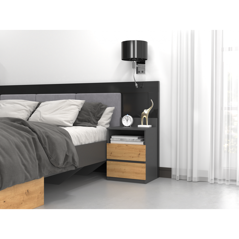 ASTER T1 - Table de chevet avec 2 tiroirs - 59x40x32 cm - Table de nuit - Style scandinave - Gris&Chêne - 2