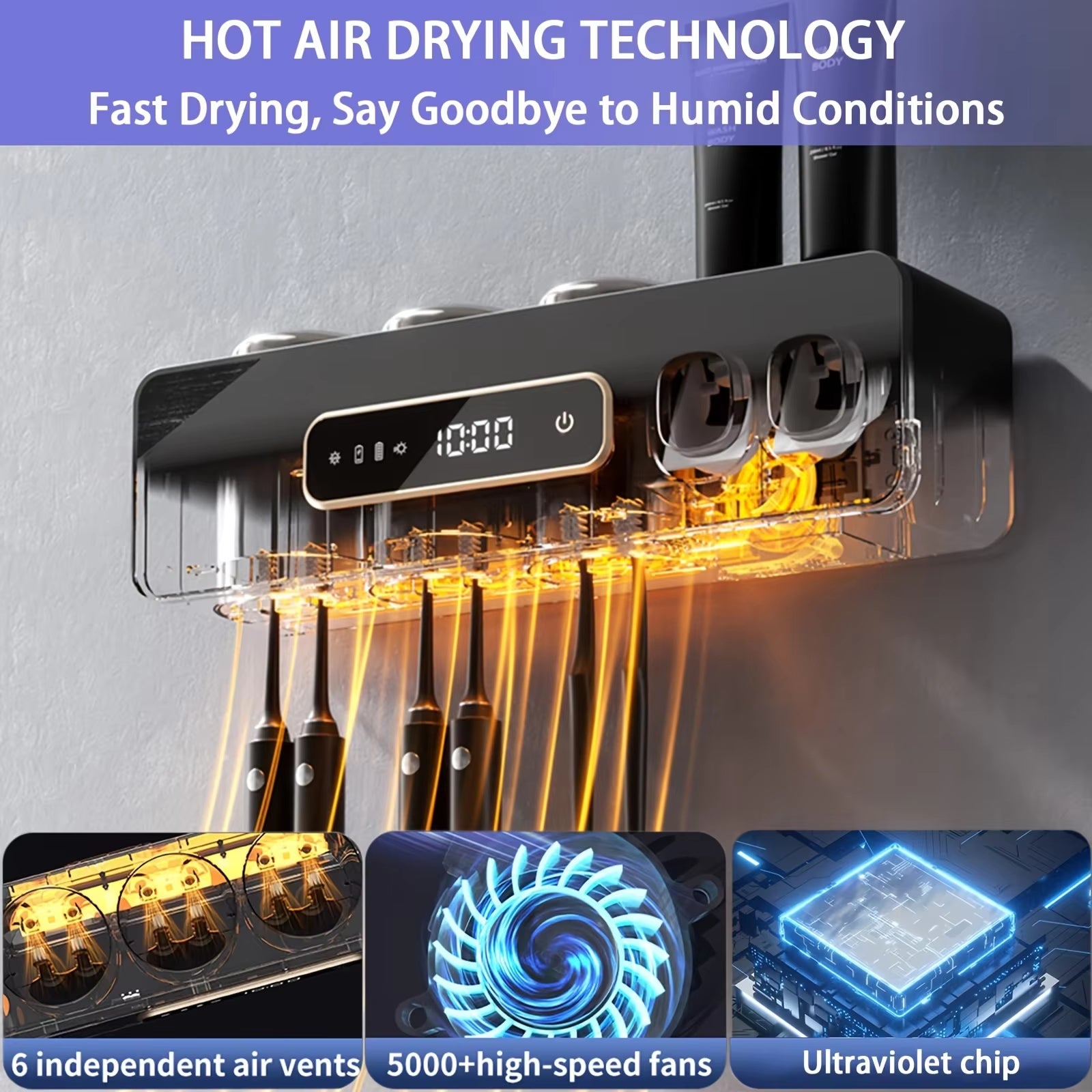 Porte-brosse à dents intelligent avec affichage numérique et chargement USB, distributeur automatique de dentifrice mural - 6