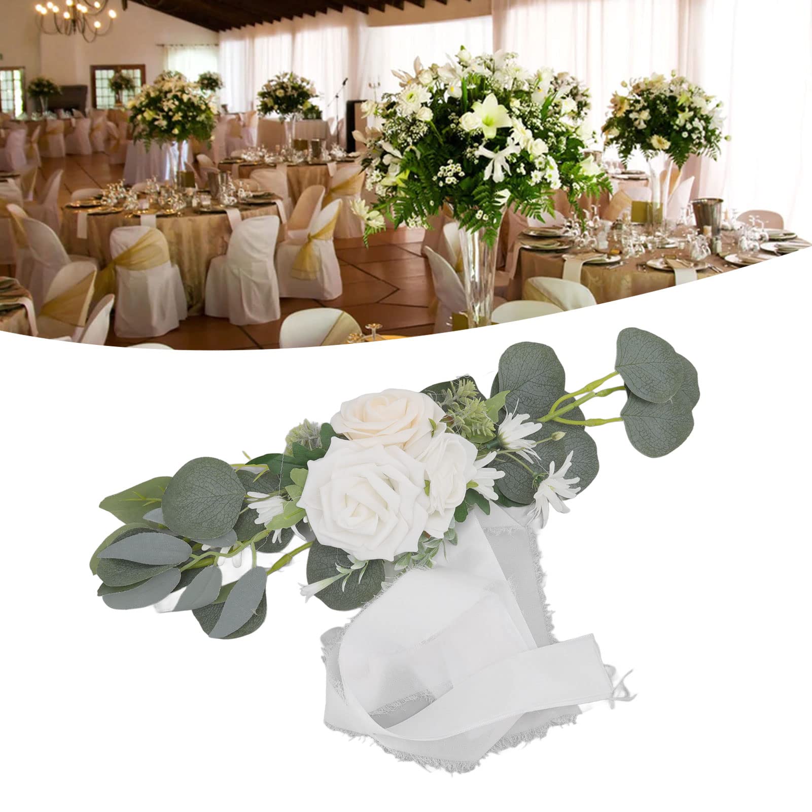 Silla de boda con flores blancas Decoración de respaldo de silla de boda Flores artificiales para fotografía - 2