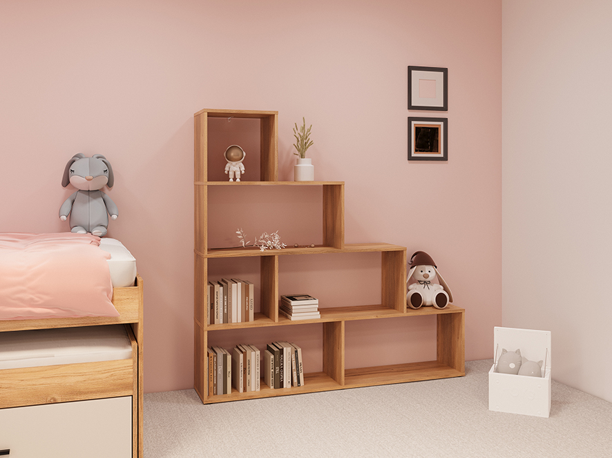 Estante Escada Meyvaser com 4 Prateleiras – Cor Mauvella com Efeito Madeira – 143,3x144,9x27,9 cm – Móvel Moderno e Funcional para Sala ou Quarto