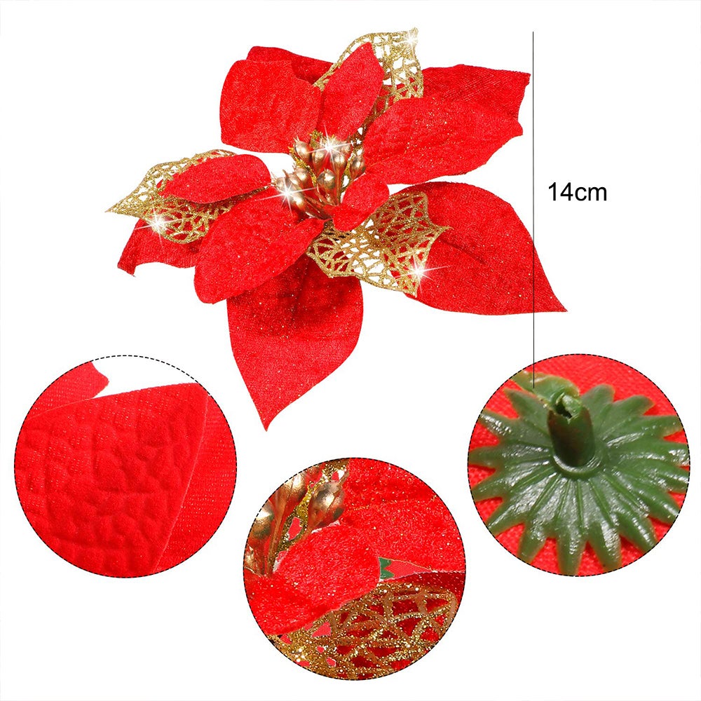 Lot de 32 décorations de Noël, fleurs artificielles scintillantes avec clips, décorations pour sapin de Noël, pendentifs de fleurs artificielles - 4
