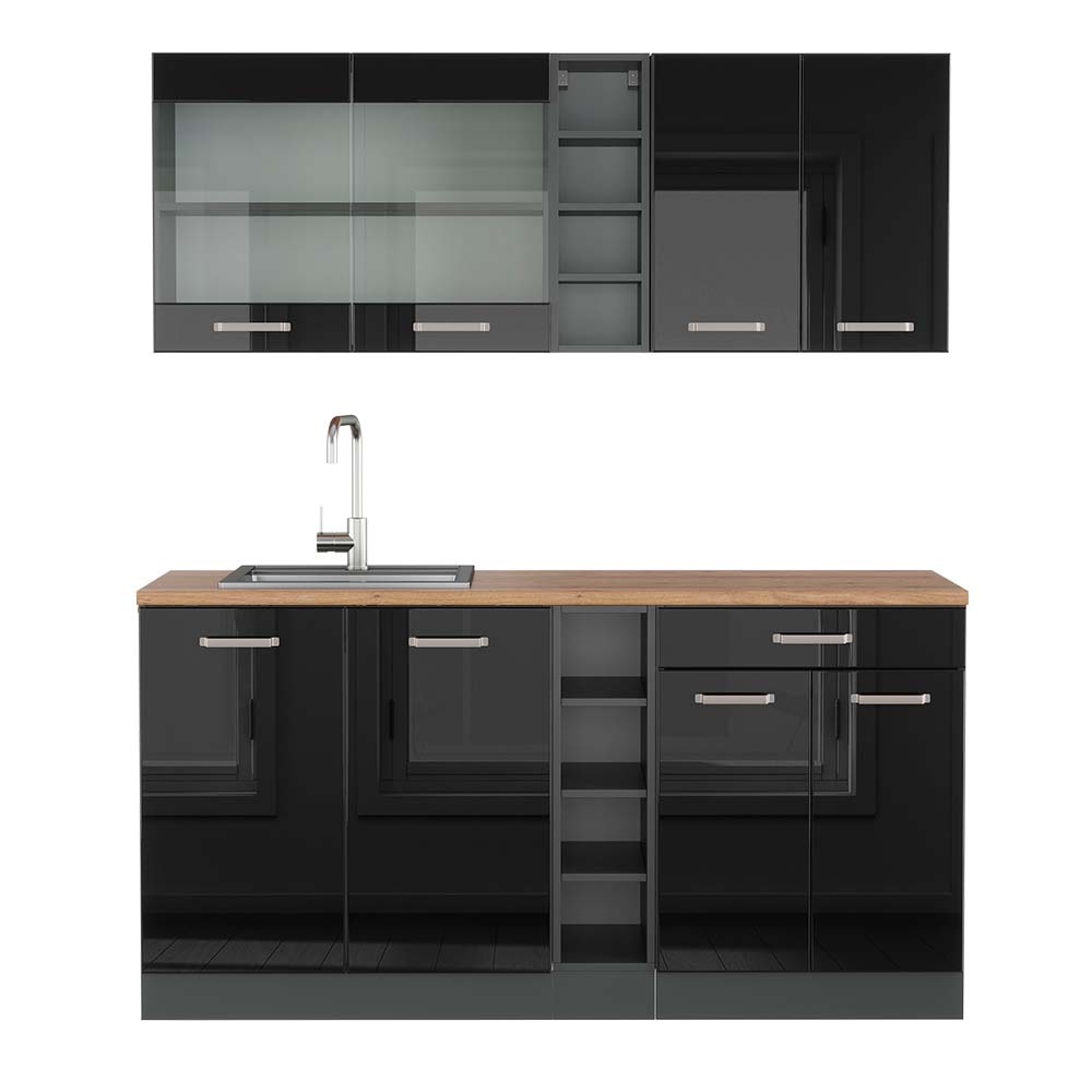 Vicco Pojedyncza kuchnia R-Line, Czarny/antracyt o wysokim połysku, 160 cm , BP Dąb
