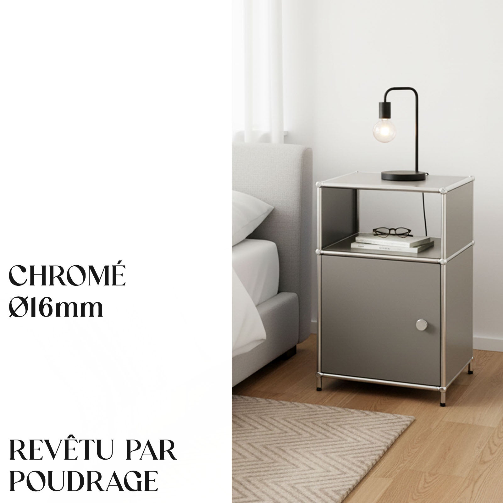 Étagère métal chromé design épuré, Concept Epuré MK-040 : 3 étages, 40 x 40 x 65 cm, Gris - 4