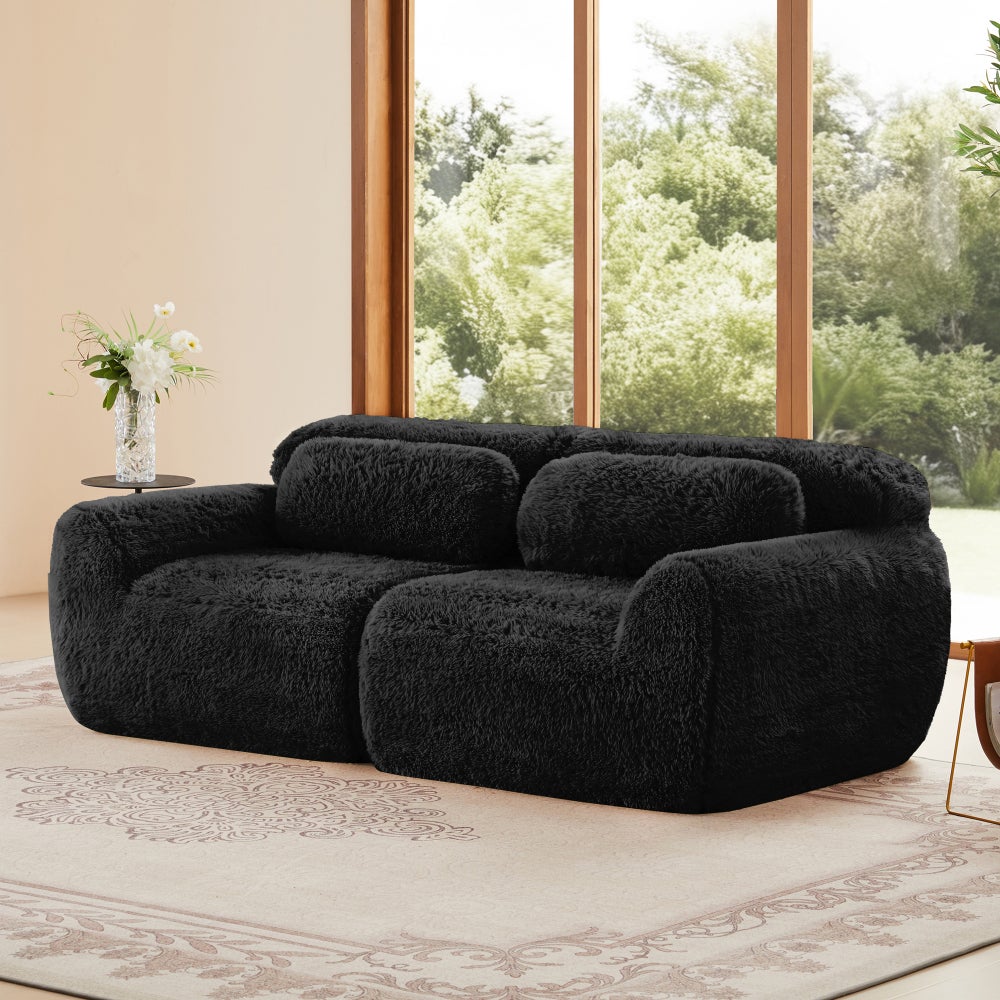 Sofa 2-osobowa modułowa, pluszowa, bezramowa, dowolnie łączona, z poduszkami, czarna