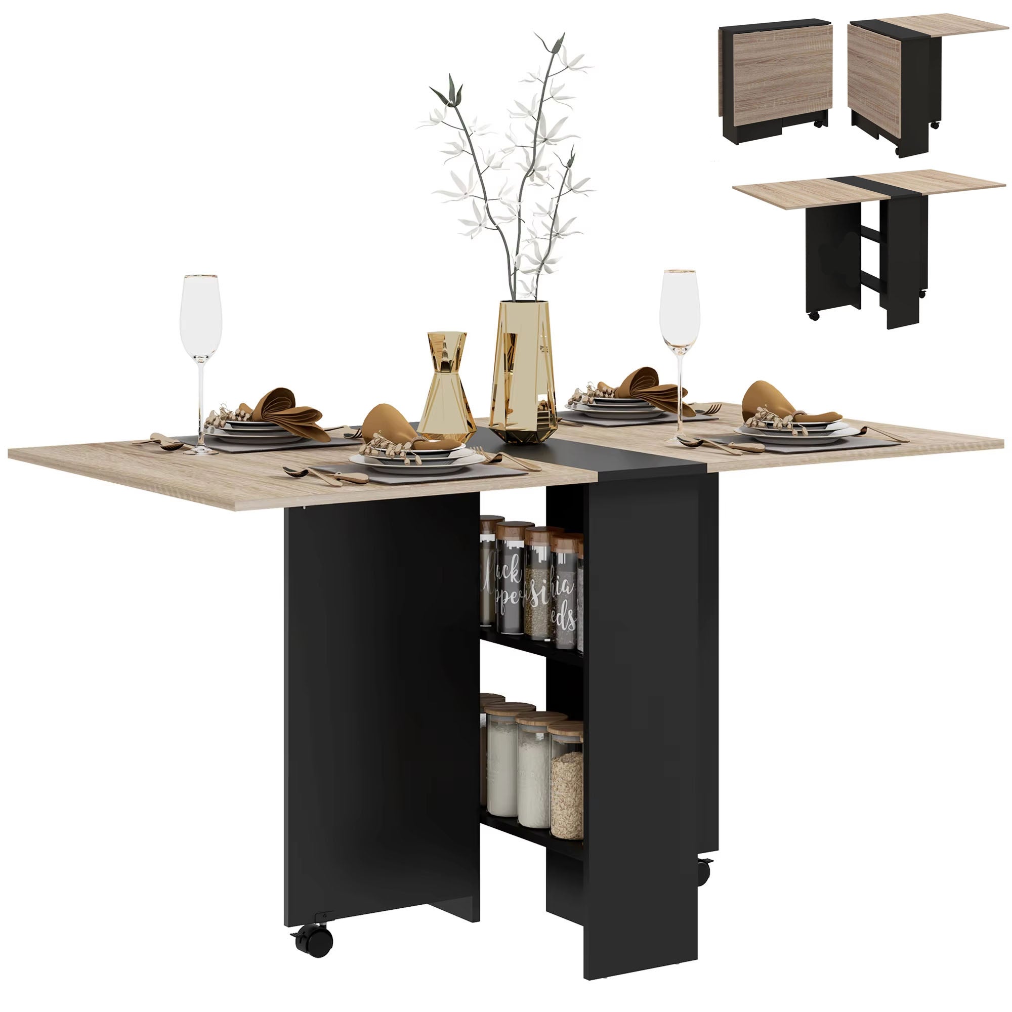Sientice cuenta con mesas de comedor plegables en ambos lados y estantes de cocina móviles para un fácil almacenamiento.