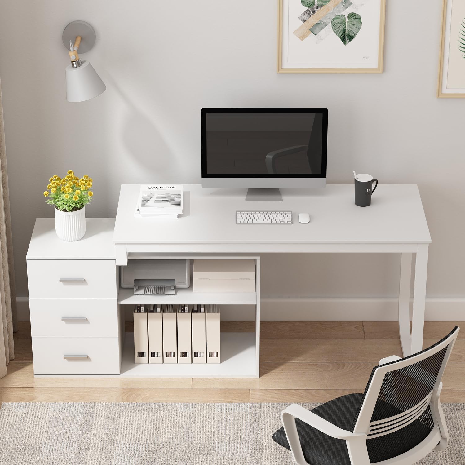 Bureau d'angle en Forme de L Bureau informatique 2 étagères pieds en acier Blanc 130x57x75cm - 3
