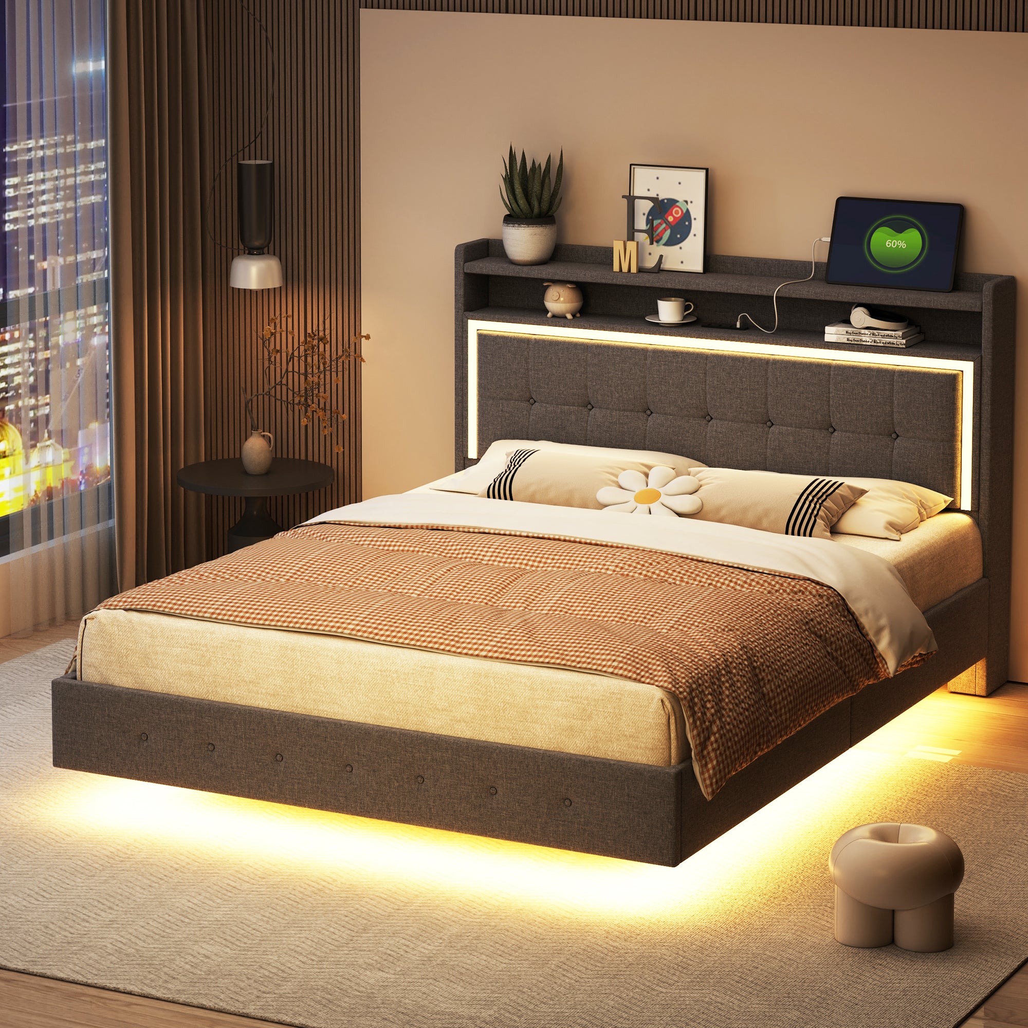 Letto Matrimoniale Imbottito 140x200 Con Luci LED RGB E Porte USB – Struttura In Lino E MDF, Senza Materasso