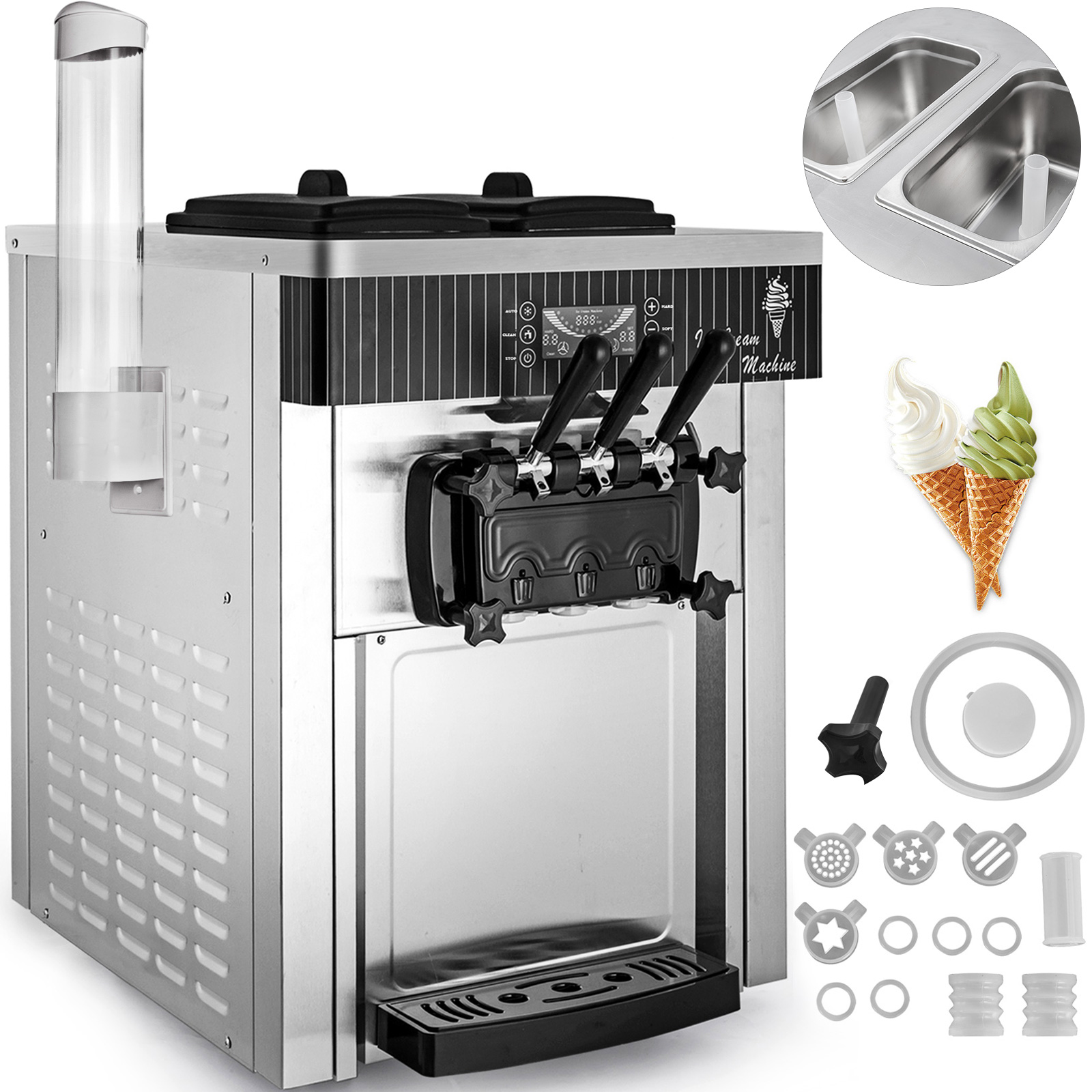 Maszyna do lodów Maszyna do lodów białych 2200 W, 2 x 6 L Maszyna biurkowa Maszyna do lodów 220 V Maszyna do lodów z jajkiem w rożku Taca na jaj VEVOR
