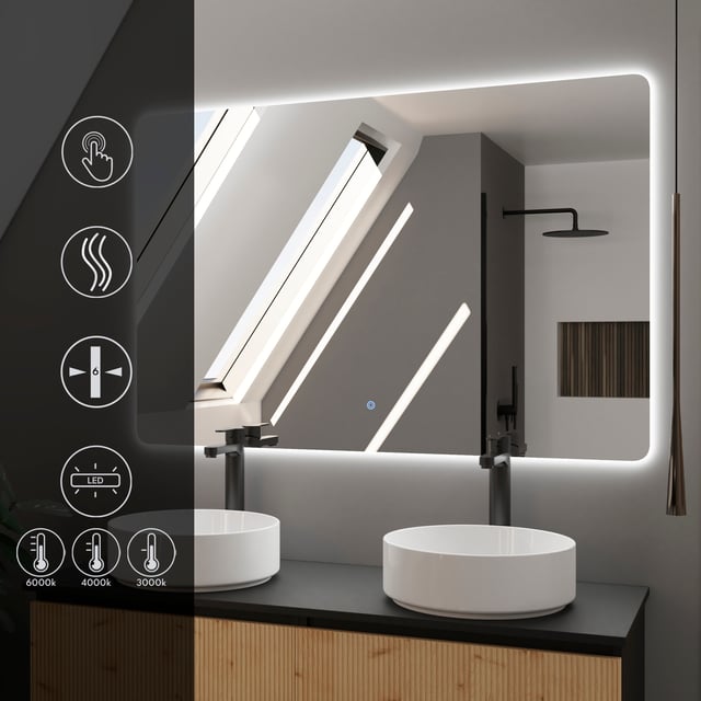 ESPEJO RECTANGULAR | 120 x 80 CM | ILUMINACIÓN LED | LUZ REGULABLE | CONTROL TÁCTIL | FUNCIÓN ANTIVAHO | PLUSBAÑO