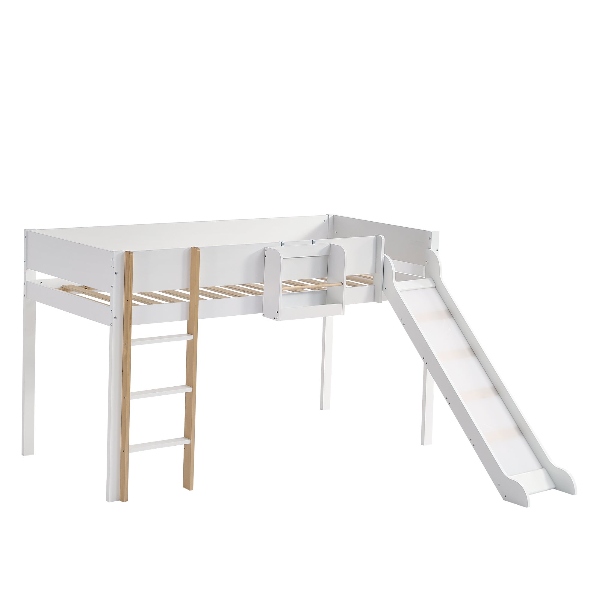 Letto a soppalco 90x200cm, letto a castello con scala dritta a tre gradini, letto per bambini, letto per ragazzi con scivolo, bianco+naturale - 7